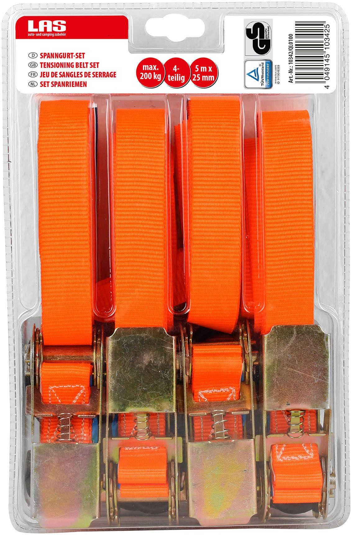 LAS Spanband set 4-dlg. met ratel en haken (set, 4 stuks)
