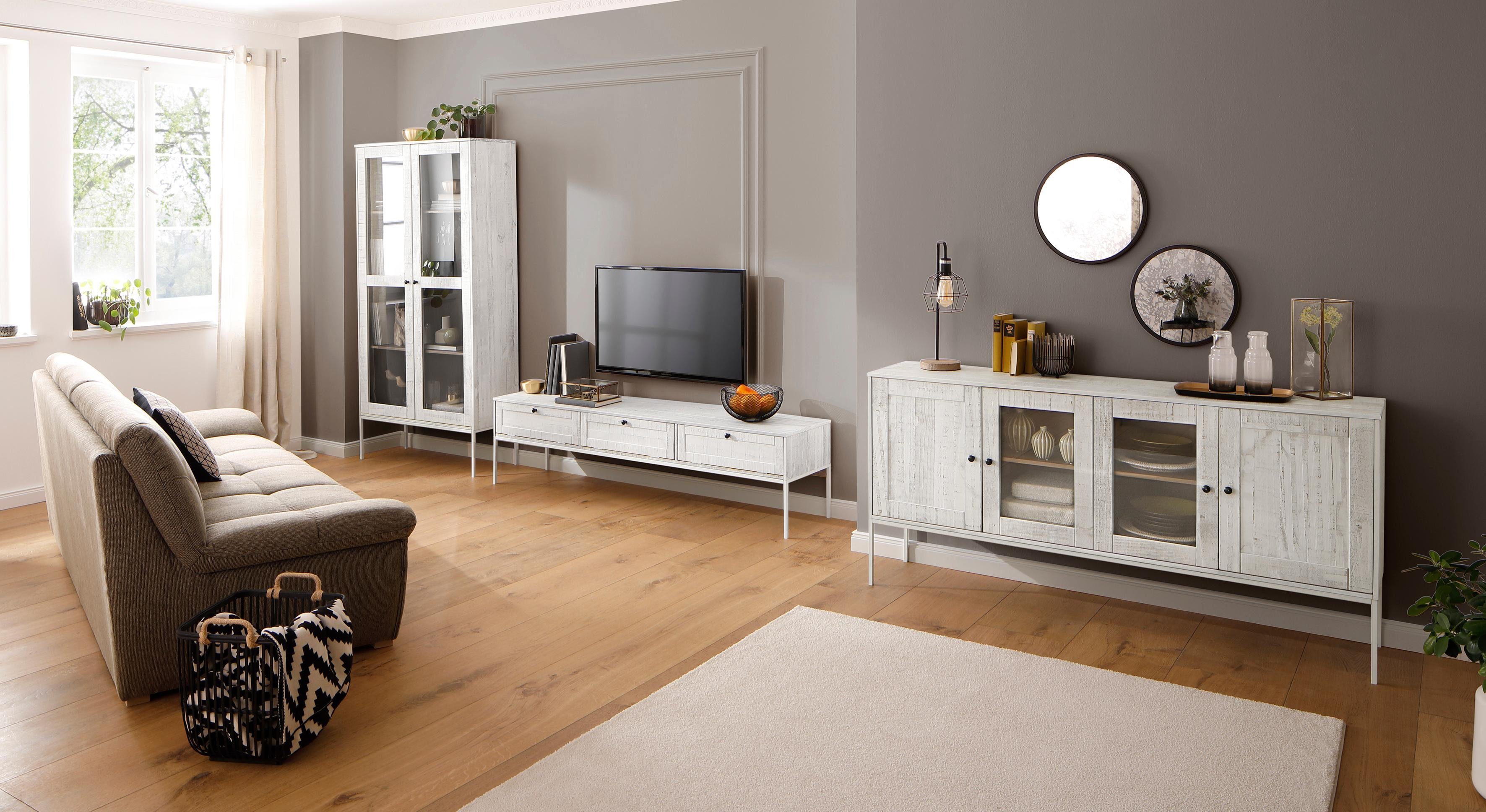 Home affaire Tv-meubel Freya Commode met 3 kleppen, metalen handgrepen, van massief hout, breedte 175 cm