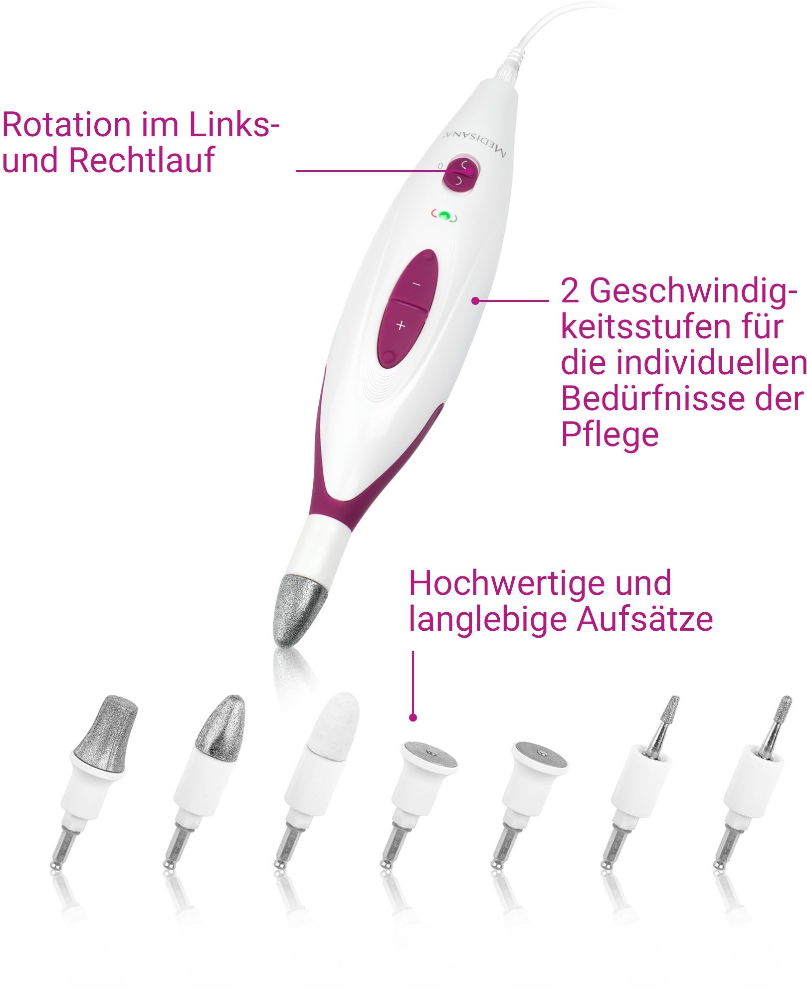 Medisana Manicure-/pedicureset MP 815 voor nagels, nagelriemen en eelt, 2 standen, links-/rechtsloop, opzetstukken