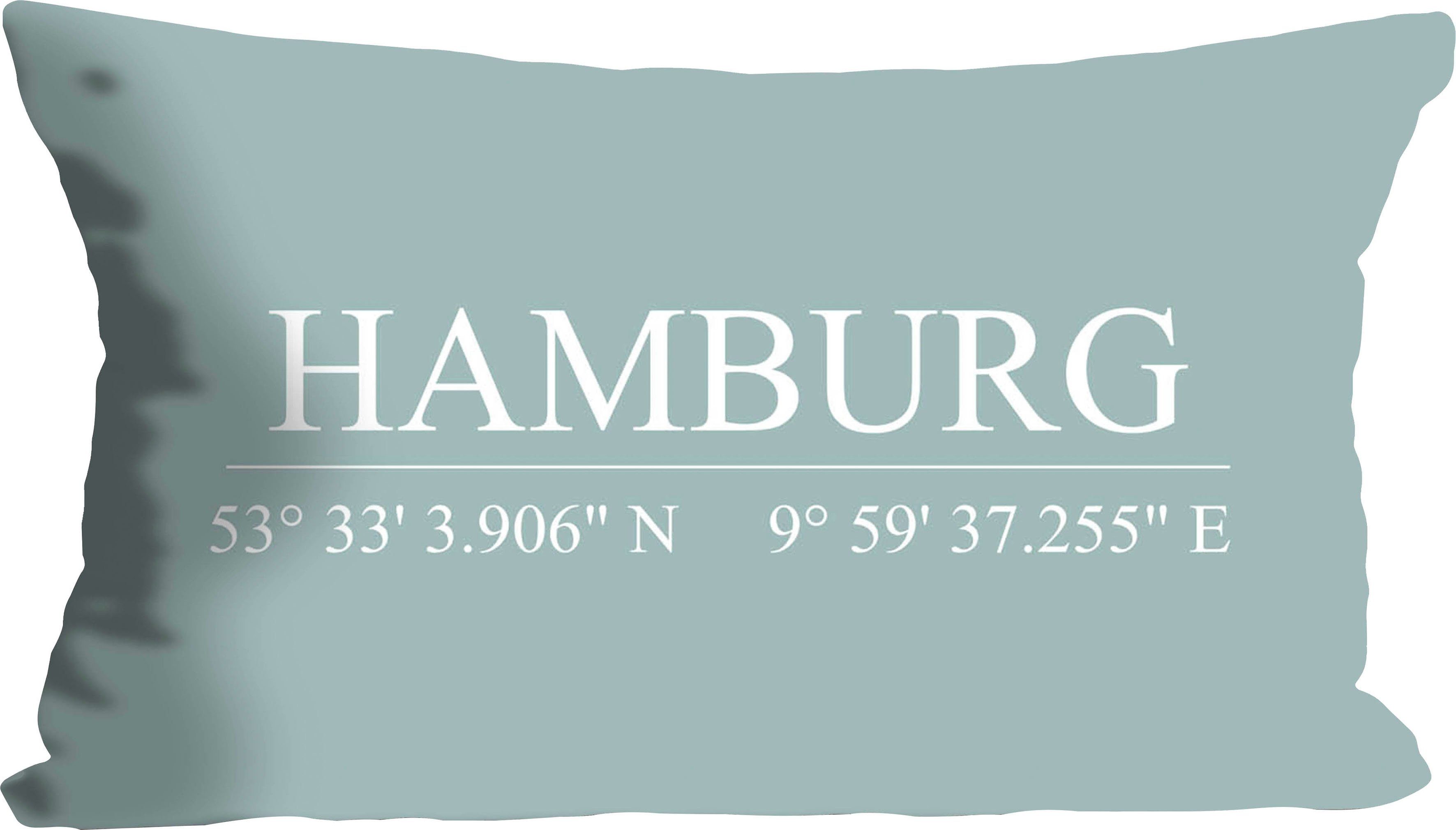 queence Sierkussen Hamburg Kussenhoes, Hamburg opschrift, coördinaten, stadmotief, urban, maritiem (1 stuk)