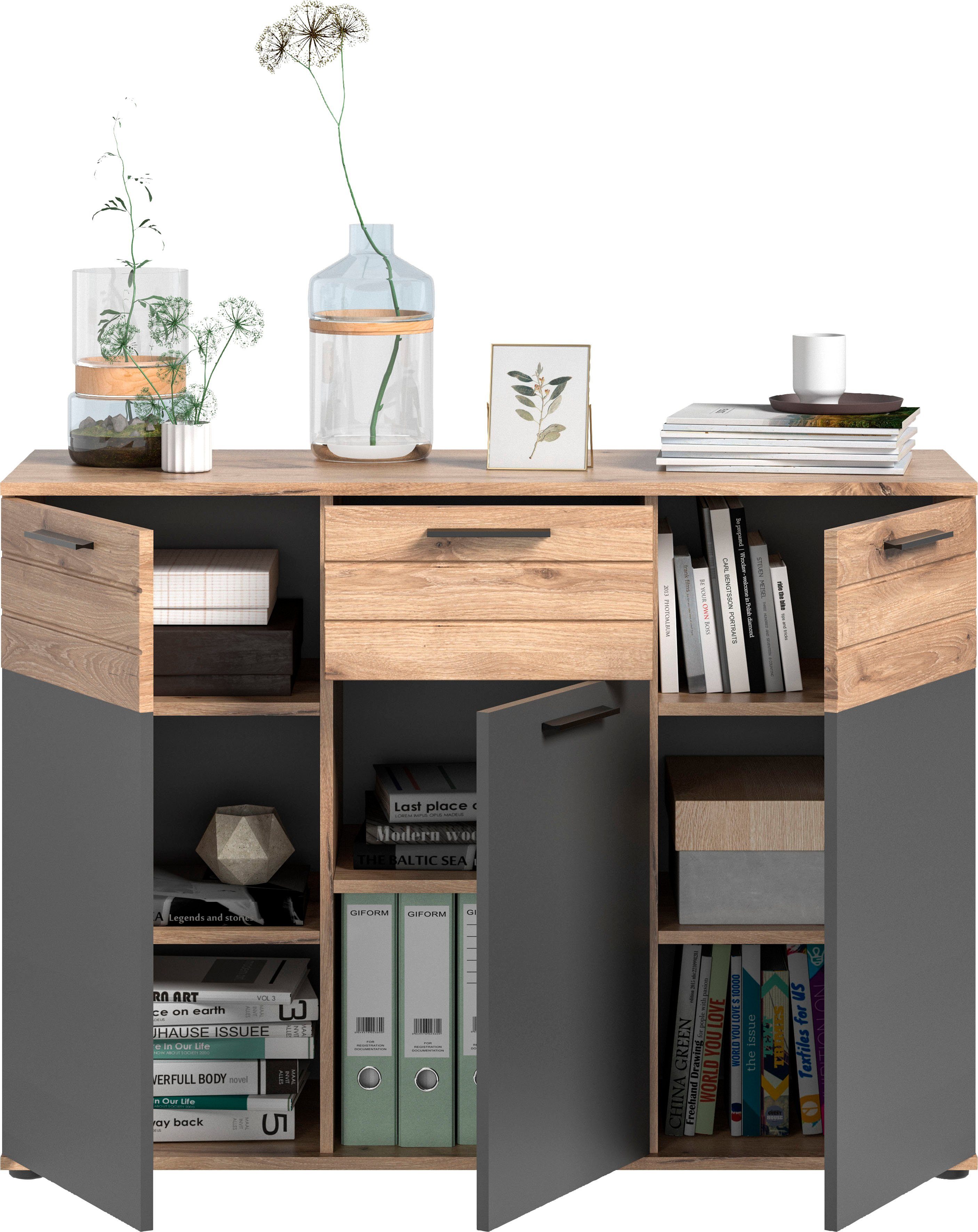 INOSIGN Dressoir Riga, Breedte 120 cm, 3 Deuren, 1 Lade, 5 Planken, 8 Vakken hoogwaardige groeffrezen, met softclose, commode, dressoir, kast
