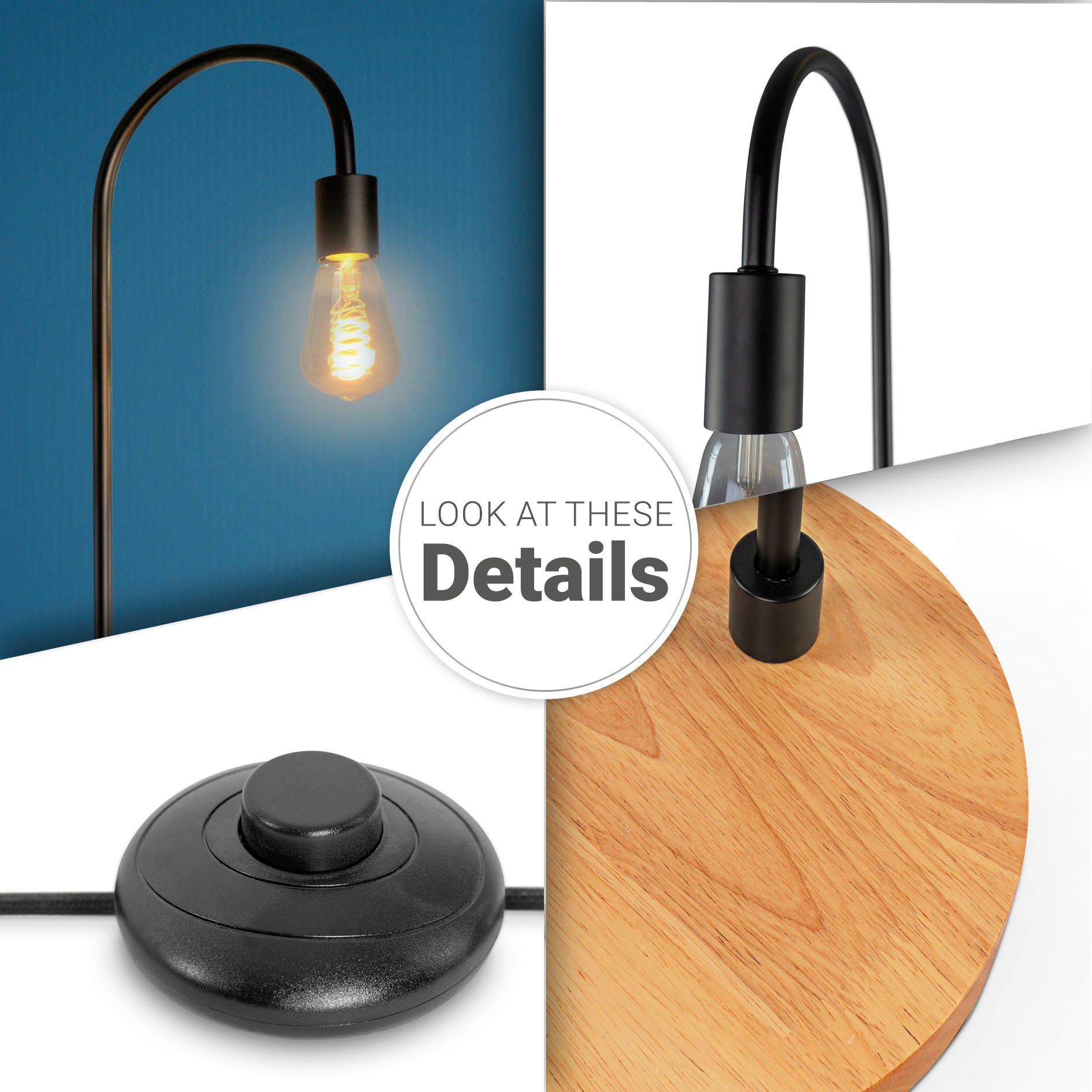 Paco Home Staande lamp Walter Booglamp industrial LED woonkamer Scandi minimalistisch houten voet