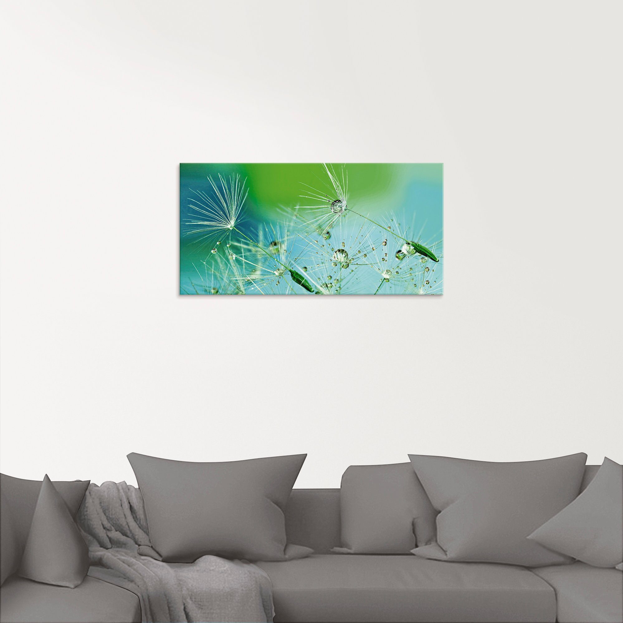 Artland Print op glas Glinsterende pluizenbol met waterdruppels