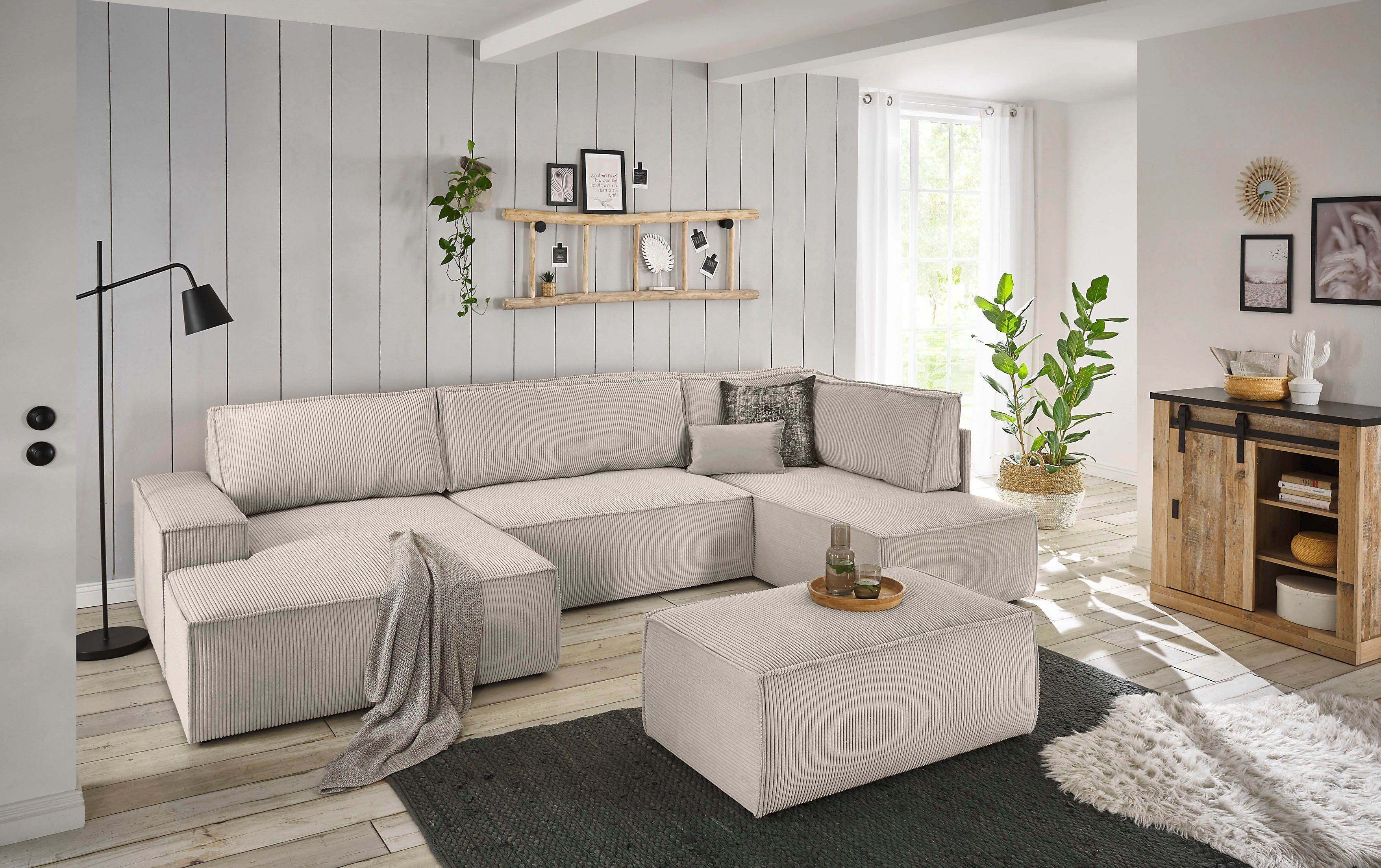 Home affaire Zithoek SHERWOOD 329 cm, U-vorm, slaapbank, Slaapfunctie met bedkist (194x139 cm), cord, vintage, fluweel