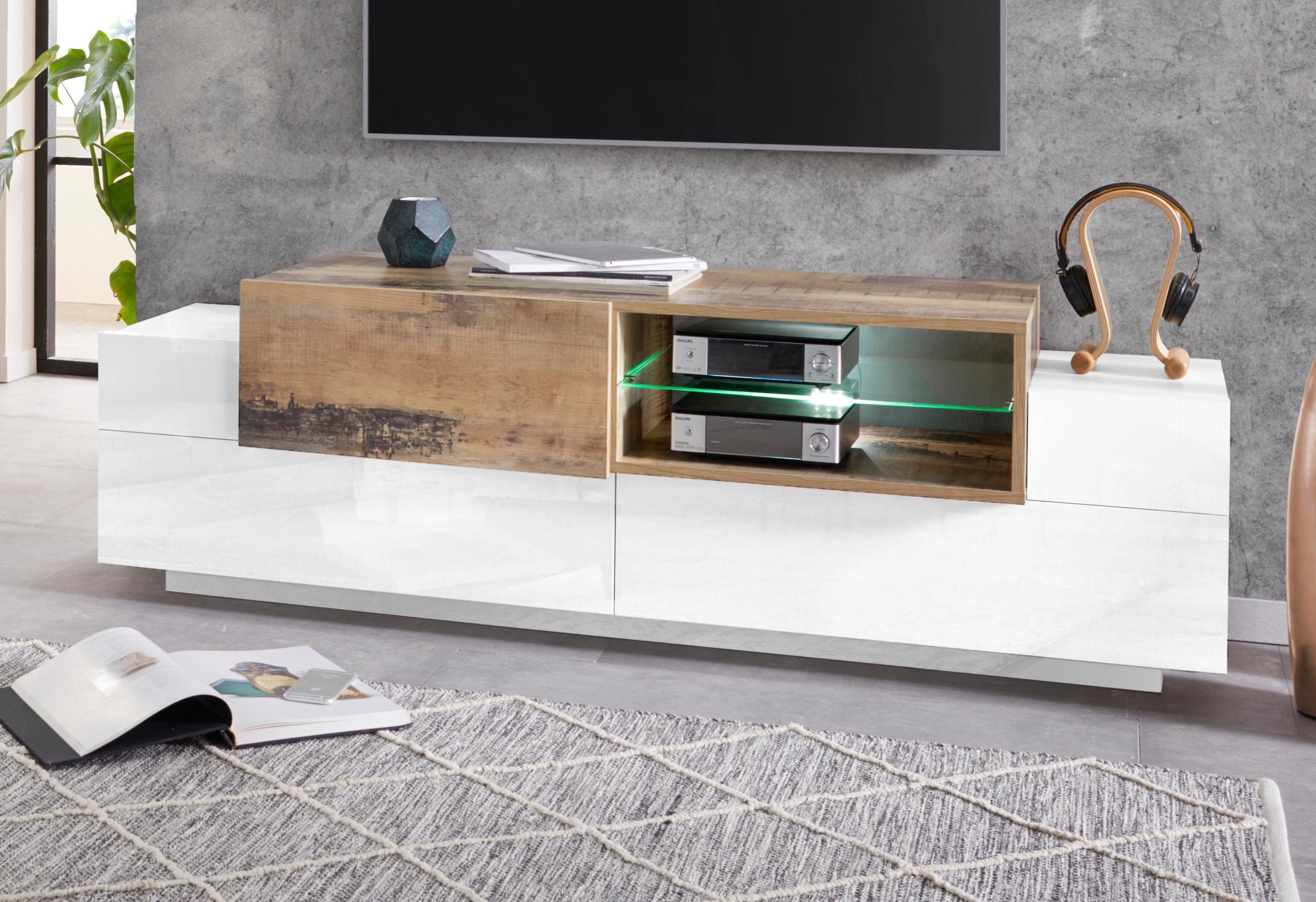 INOSIGN Tv-meubel Coro, lowboard, TV-commode, TV-meubelen, TV-bank met 2 kleppen, 1 deur, 1 glazen plank, breedte 160 lowboards maat 160x45x51 cm wit