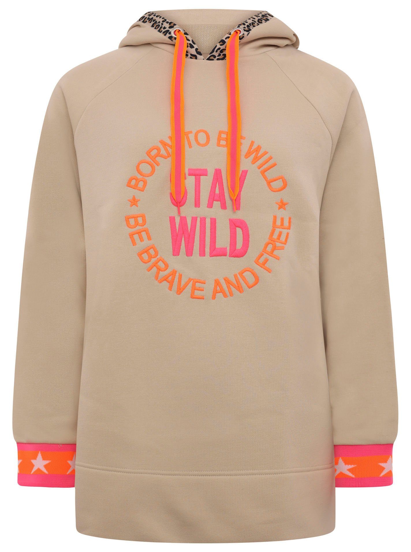 Zwillingsherz Sweatshirt met neonkleurig borduursel en leeuw-detail op de capuchon