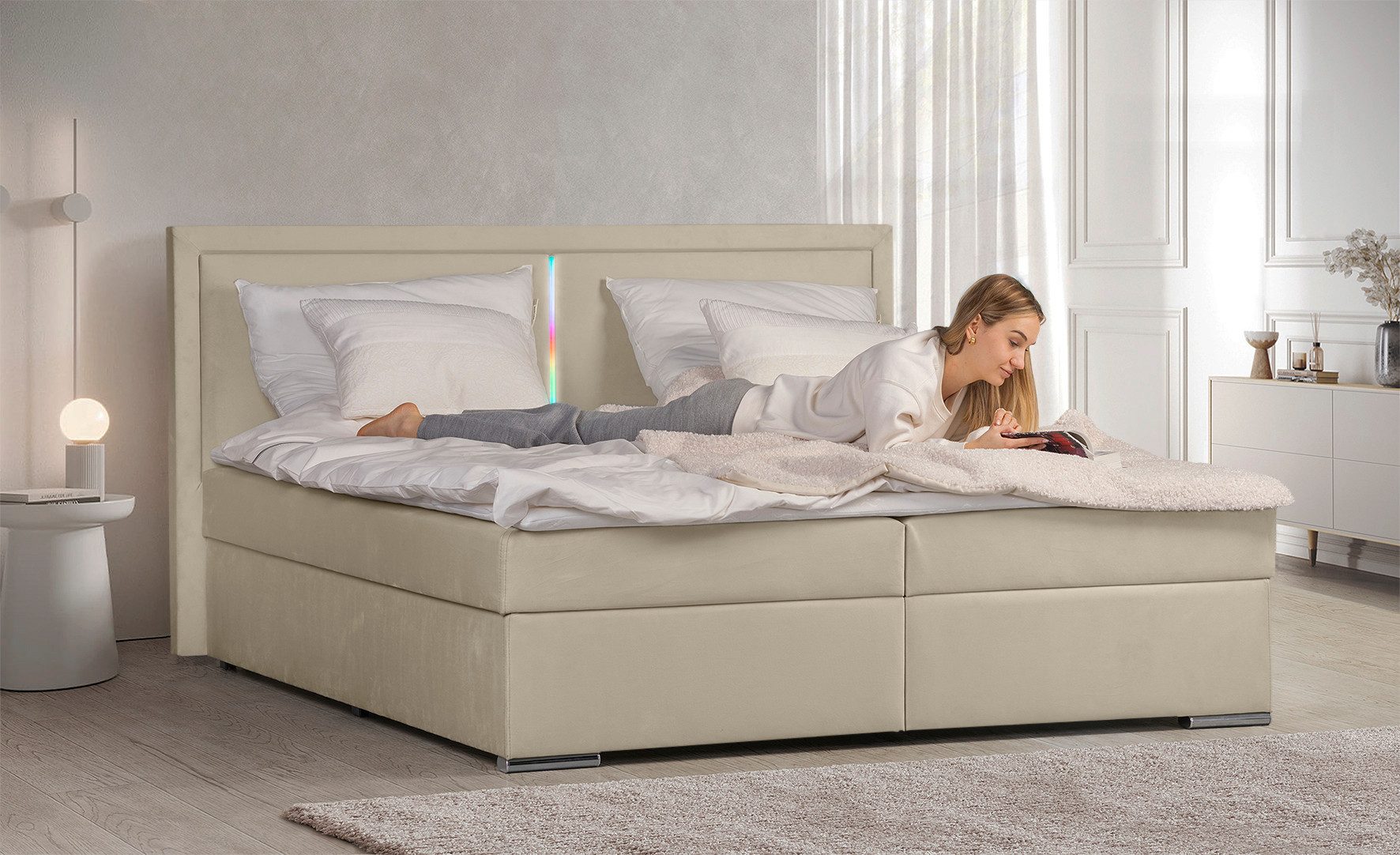COLLECTION AB Boxspring Athena Incl. LED-verlichting, topper en opbergruimte