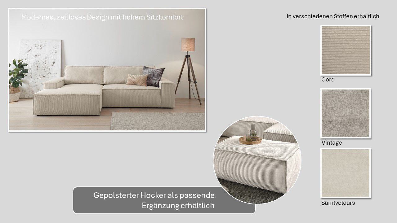 Home affaire Hoekbank SHERWOOD bedbank 267 cm, L-model, Slaapfunctie met bedlade (210x136 cm), cord, vintage, fluweel