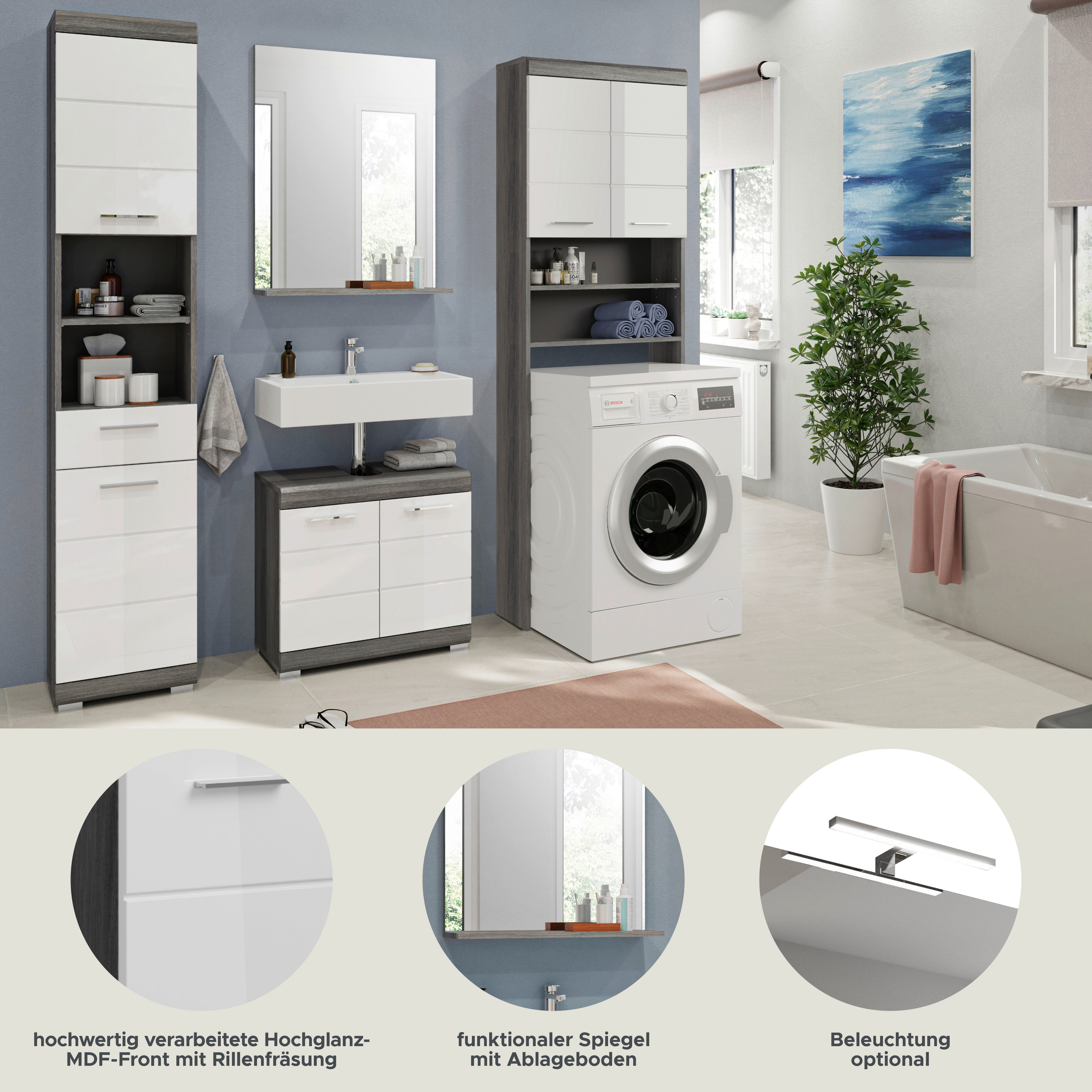 INOSIGN Badkamerserie Siena, 4-delig, bestaande uit: Hoge kast, WBU, badkamer spiegel, wasmachine ombouwkast (set, 4-delig)
