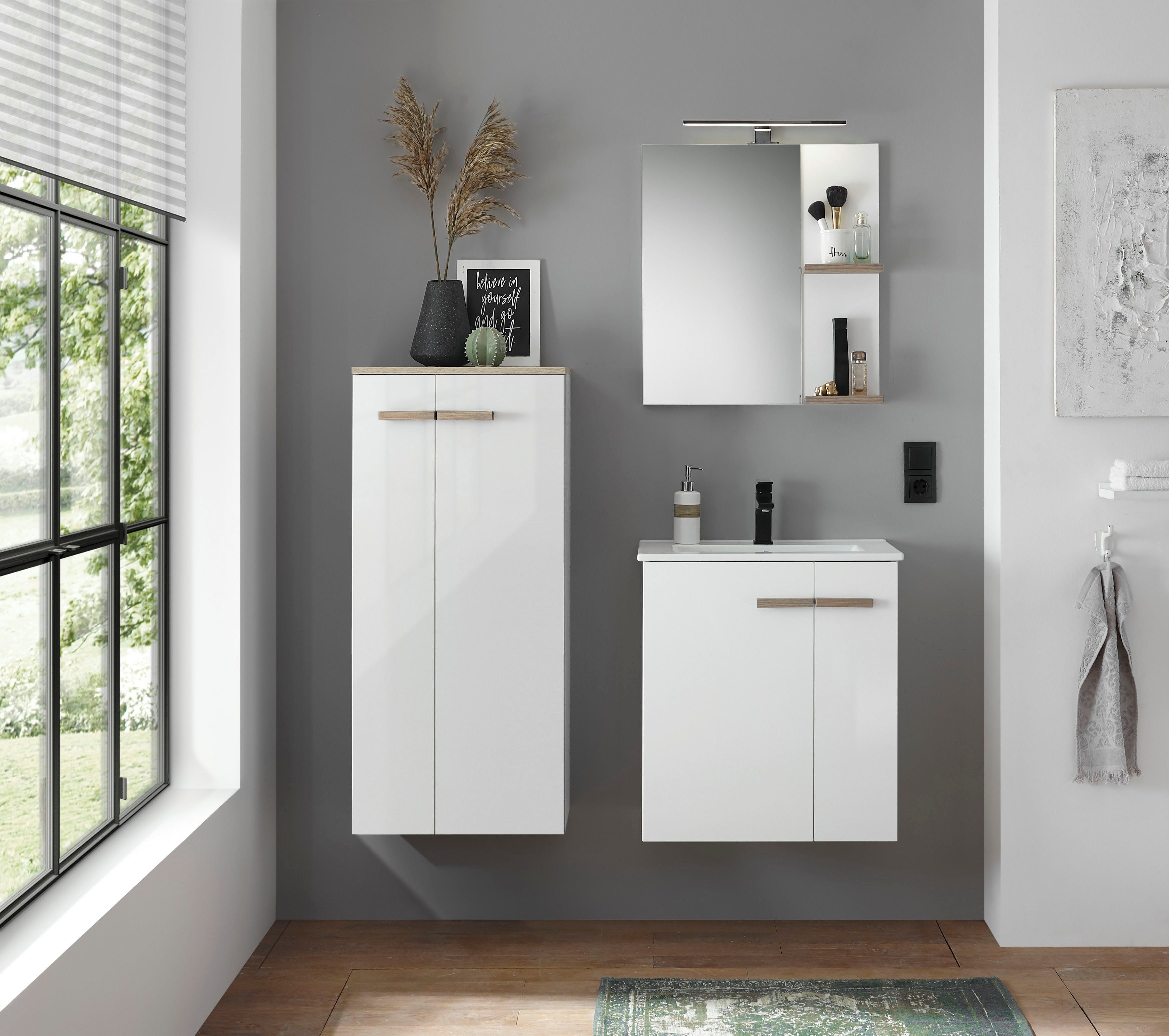 Places of Style Badkamerserie SOLiD, Badmöbel-Set, Bad im modernen Design, 3-teiliges Badezimmer Totale breedte 130 cm, wastafelonderkast met inbouw-wasbak, halfhoge kast (3-delig)
