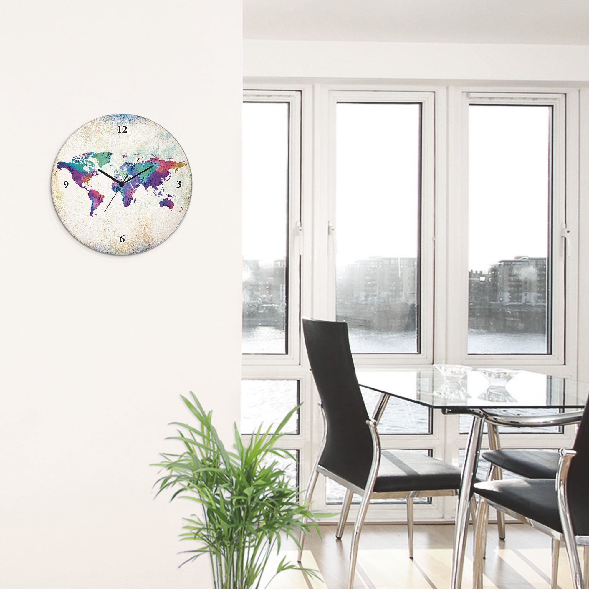 Artland Wandklok Glazen klok rond veelkleurige wereldkaart optioneel verkrijgbaar met kwarts- of radiografisch uurwerk, geruisloos zonder tikkend geluid
