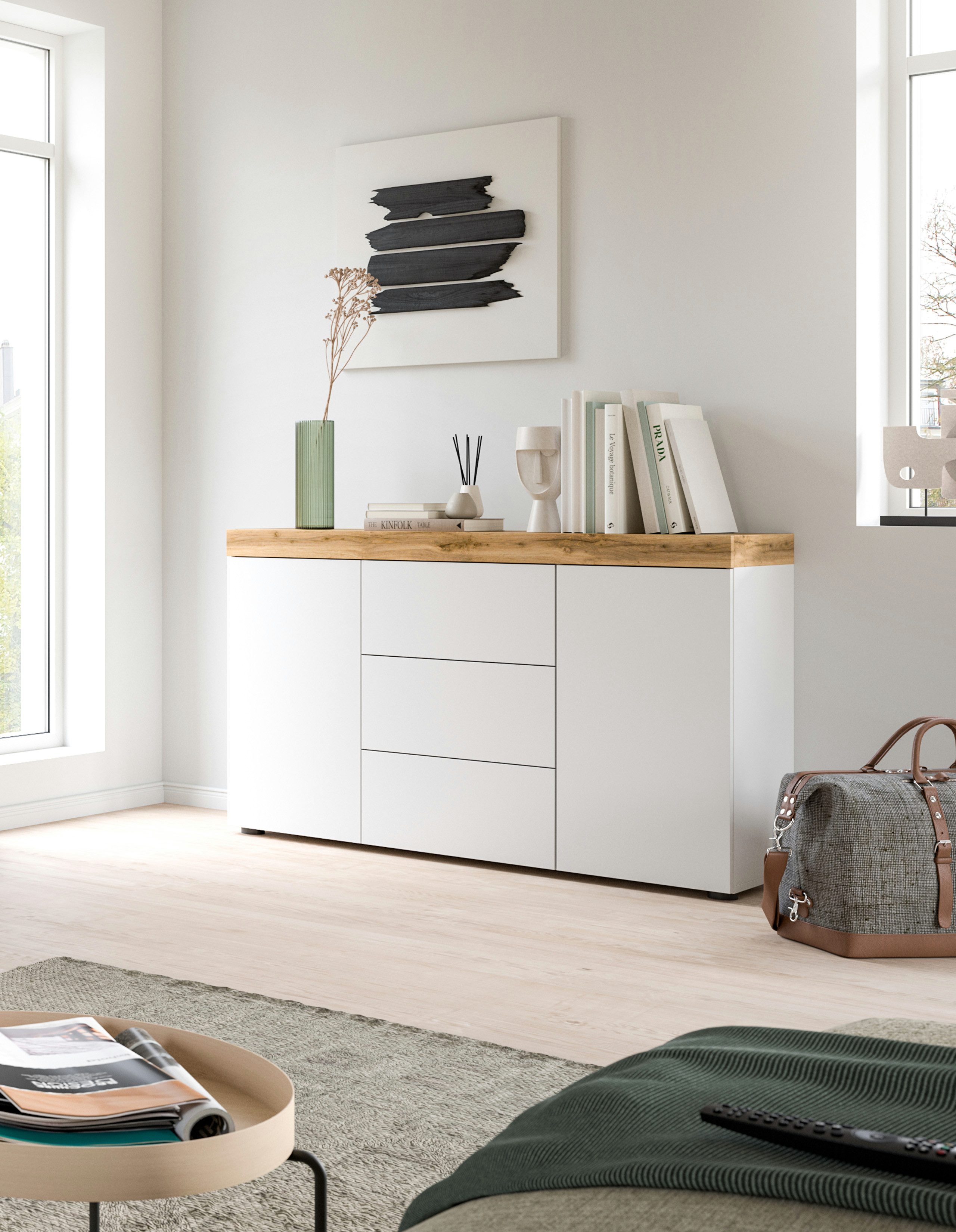 INOSIGN Dressoir Mambo, Breedte 125 cm, greeploze fronten, 2 Deuren, 3 Lades 2-kleurig, deuren met push to open, buffetkast, kast, commode, woonmeubel