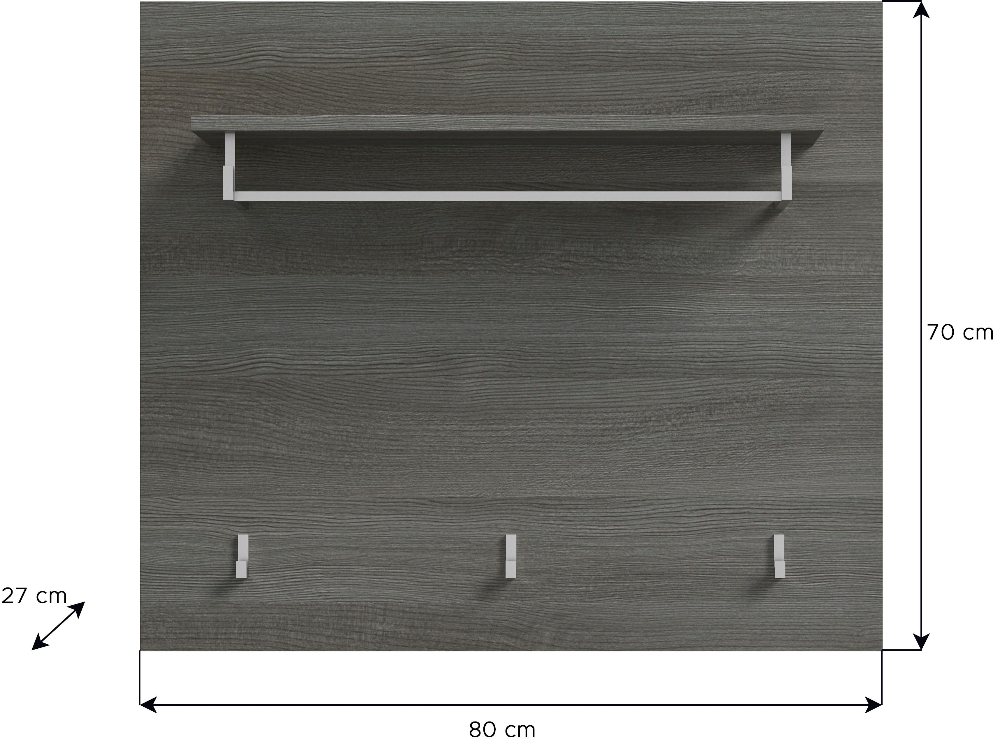 INOSIGN Kapstokpaneel Rumba, Breedte 80cm, 3 haken, 1 kledingstang, 1 legplank