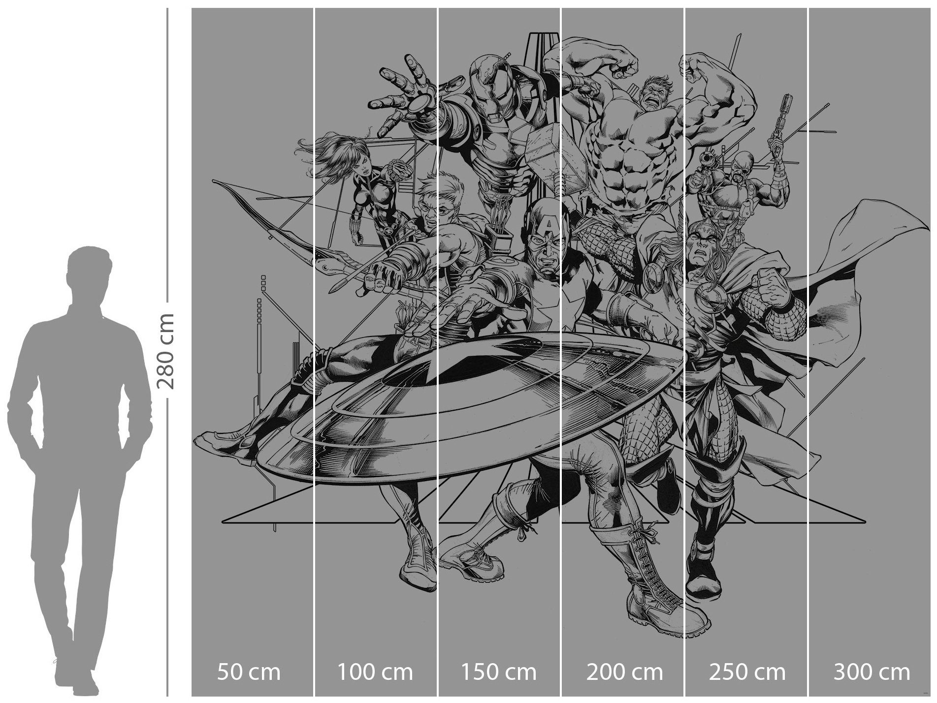 Komar Vliesbehang Digitale print vlies - Avengers Black and White - Afmeting 300 x 280 cm