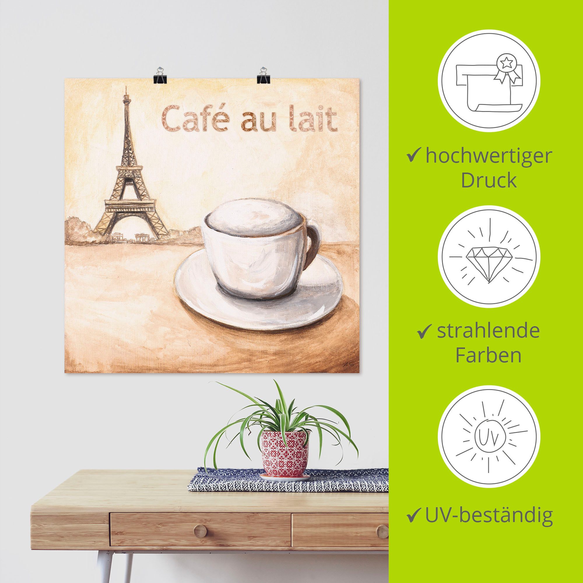 Artland Poster Café au lait in Parijs als artprint van aluminium, artprint op linnen, muursticker of poster in verschillende maten