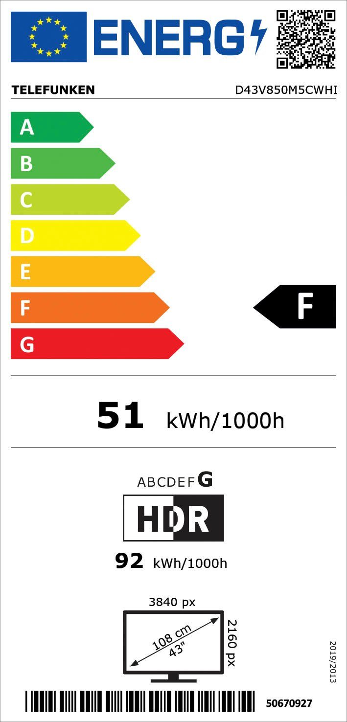 Telefunken Led-TV D43V850M5CWH, 108 cm / 43", 4K Ultra HD, Smart TV
