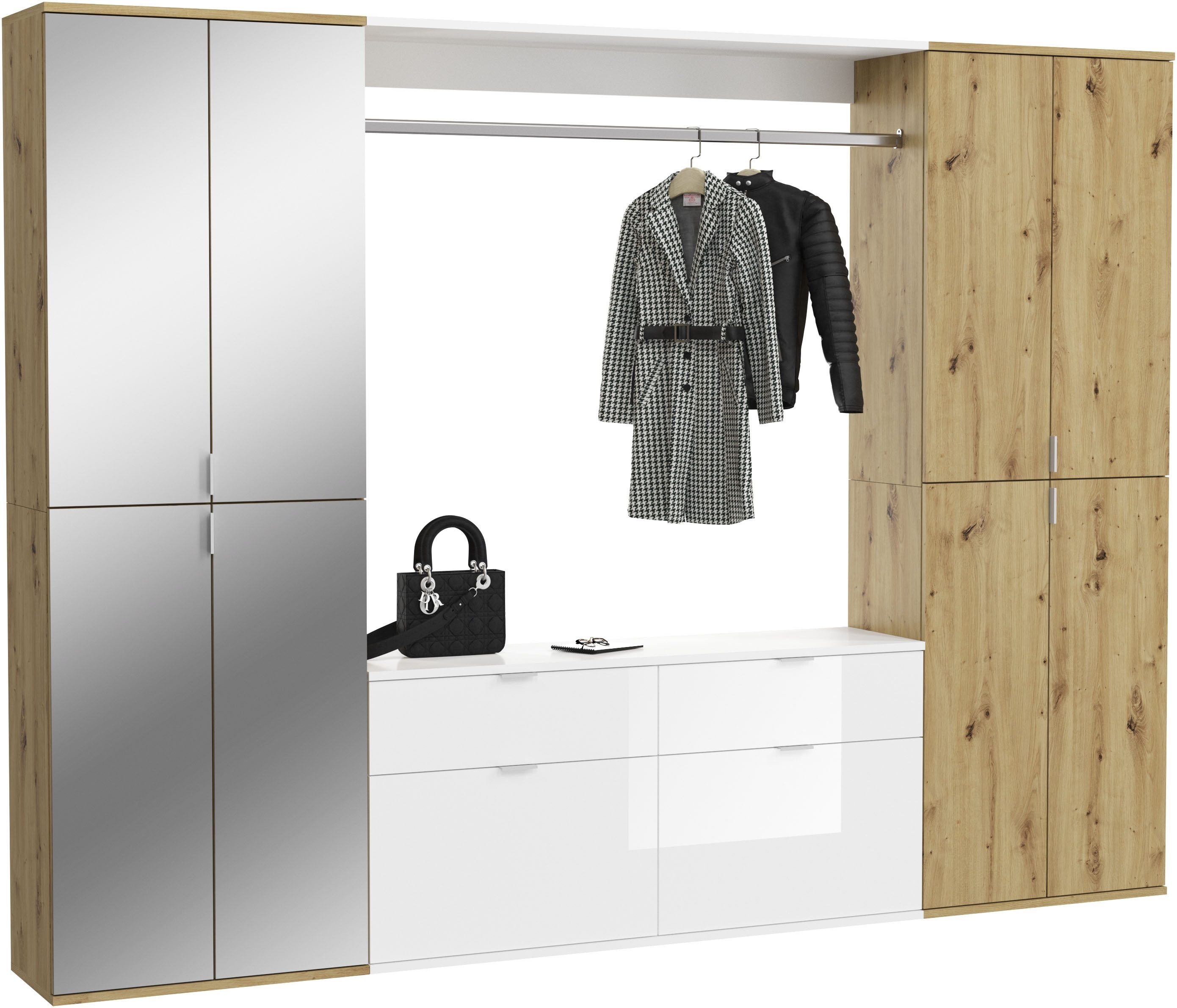 INOSIGN Halmeubelset Trondheim, Breedte 243 cm, 5-delig, bestaande uit: 2x garderobekast, 1 commode, 1 kledingstang, 1 legplank (set, 4-delig)