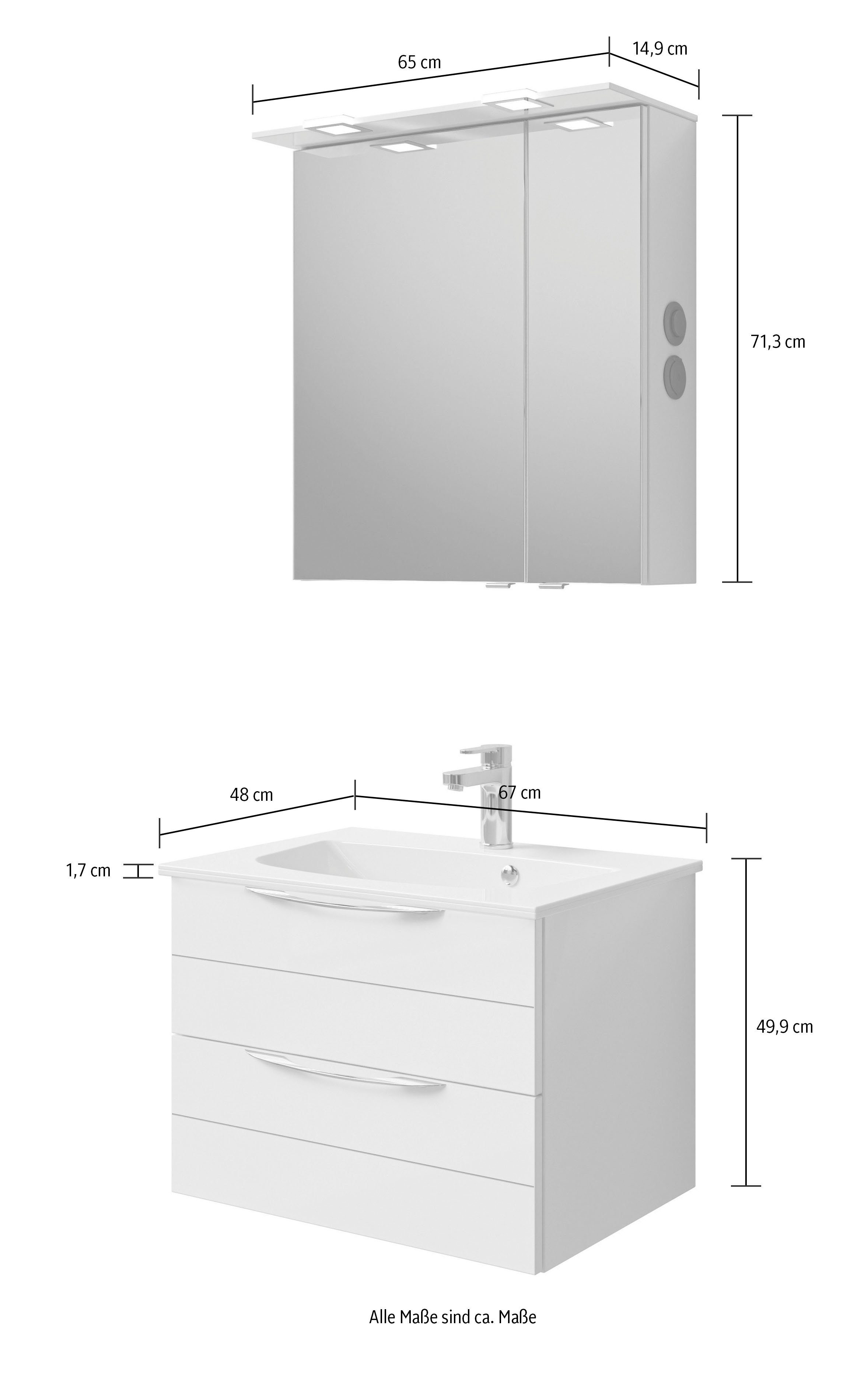 Saphir Badkamerserie Serie 6025 2-delig, mineraalmarmeren wastafel met led-spiegelkast Wastafelmeubel 67 cm breed, 2 laden, 2 spiegeldeuren, incl. deurdemper (2-delig)