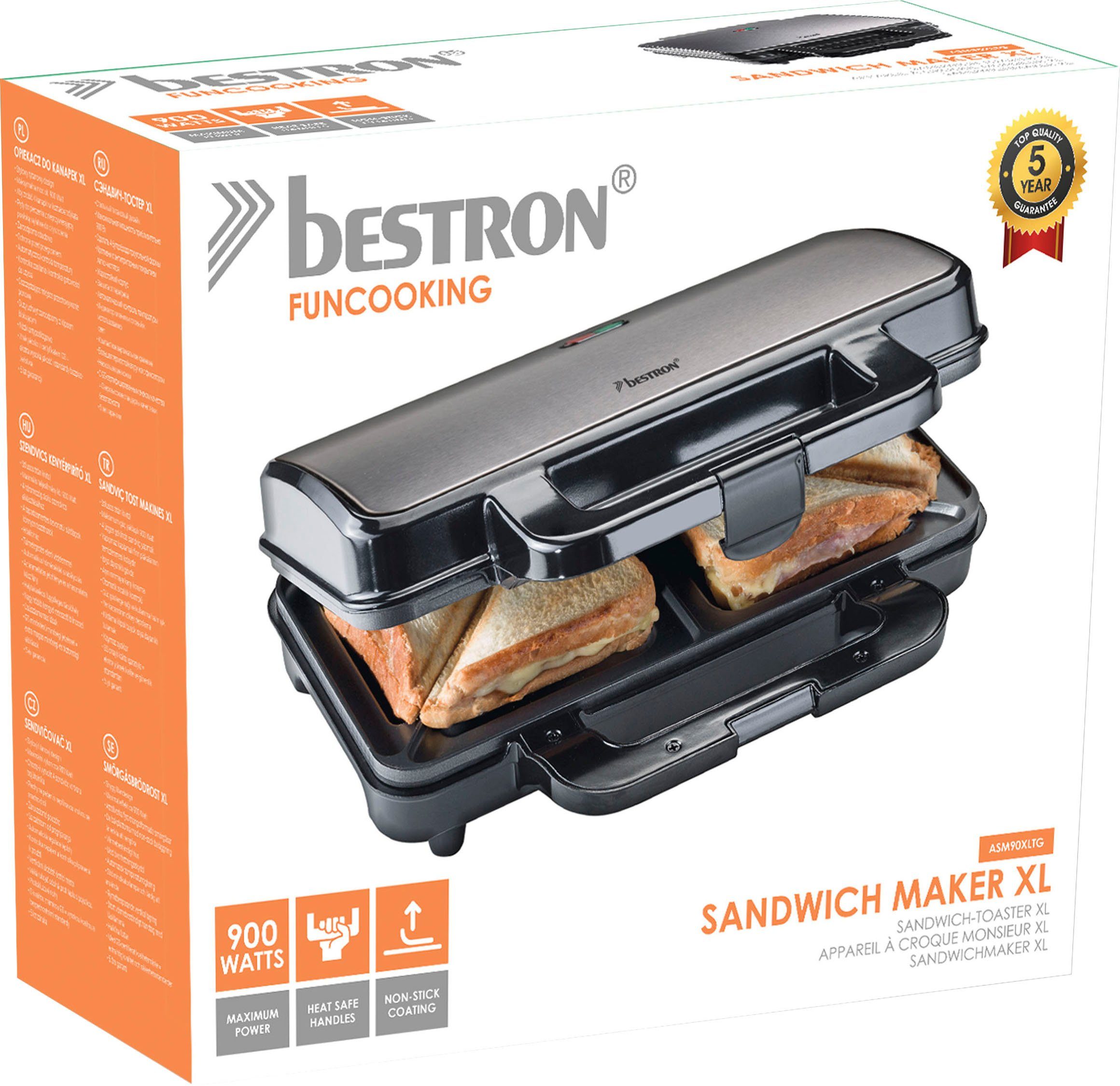 bestron Sandwichmaker ASM90XLTG, XL für 2 Sandwiches, Antihaftbeschichtetet