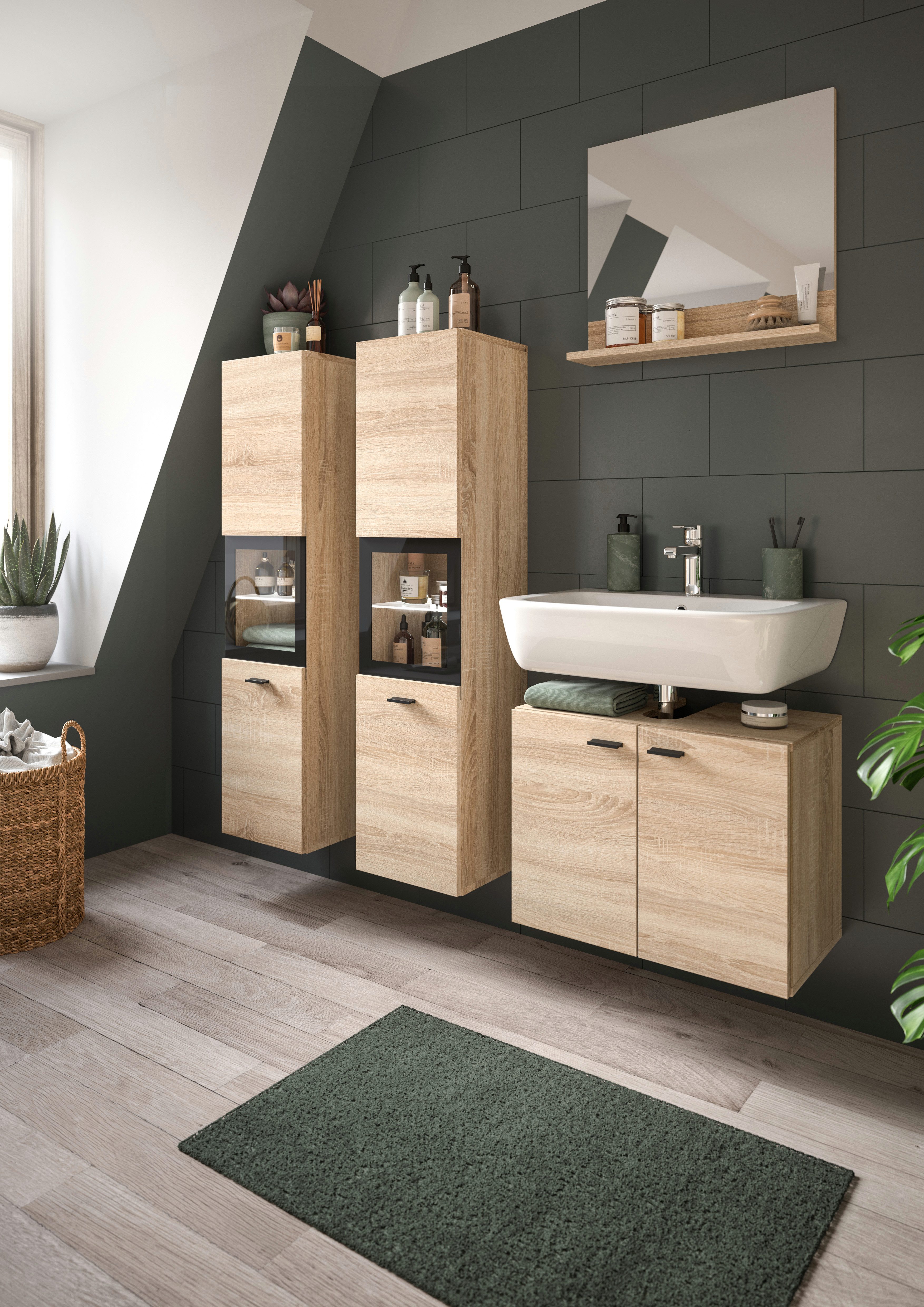 welltime Badmeubelset Tampa, breedte 137cm, 4-delig Wastafelonderkast, spiegel, hoge kast (4 stuks)