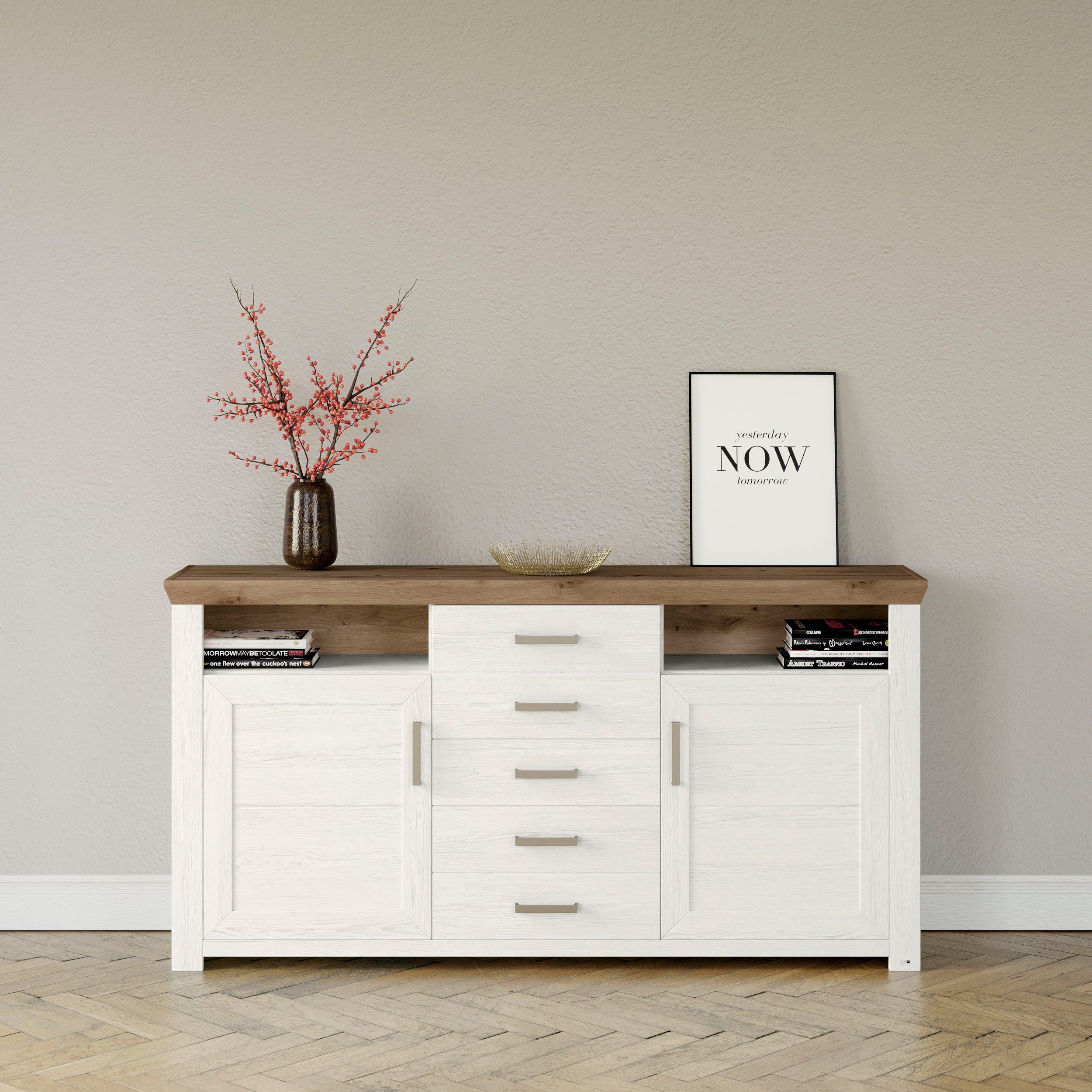 set one by Musterring Dressoir York Type 55, met veel opbergruimte, in landhuisstijl, B 184 x H 95 cm dressoirs wit