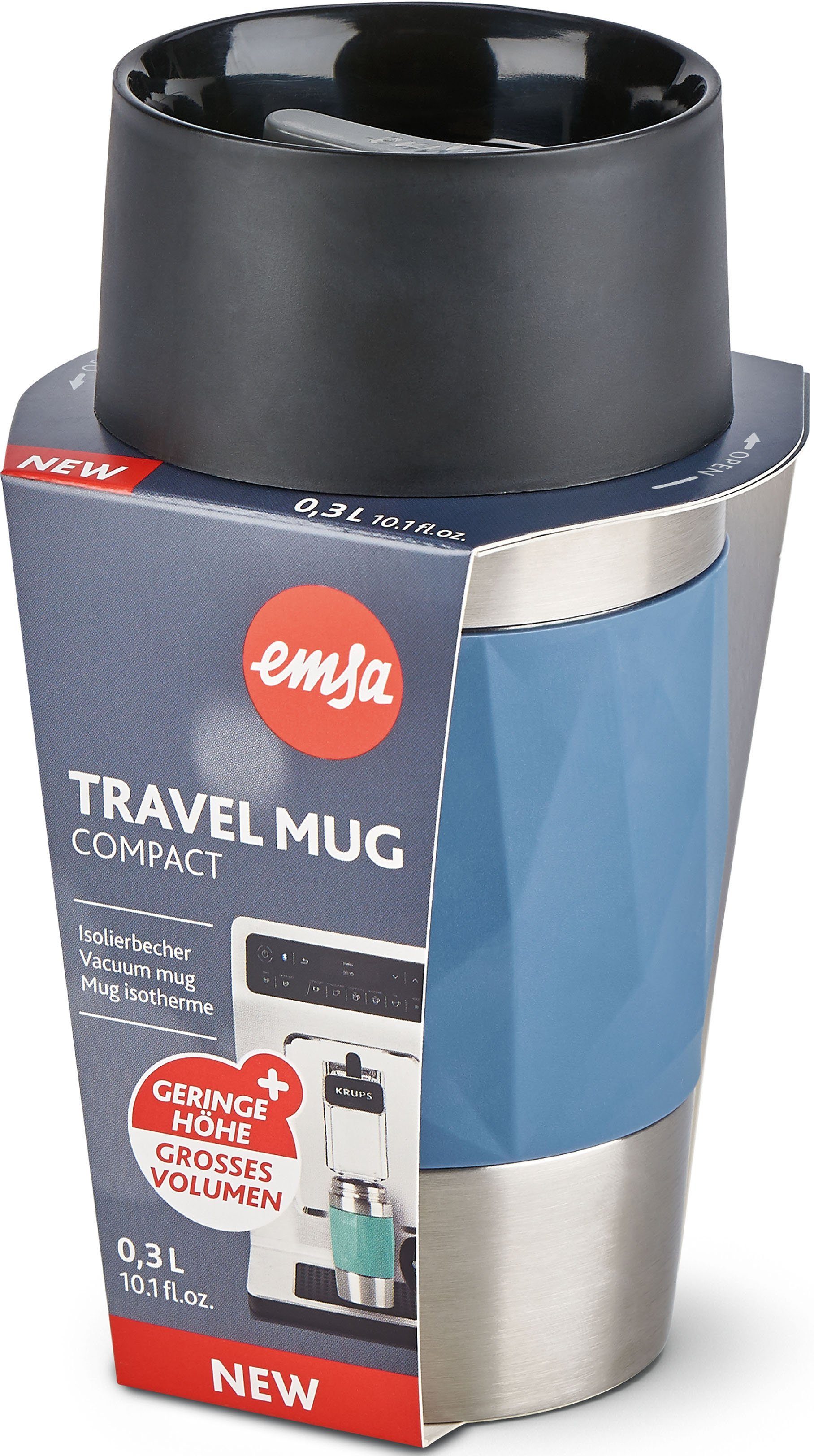 Emsa Thermosbeker Travel Mug Compact 0,3l, roestvrij staal, 3u warm/6u koud, 360° drinkopening, vaatwasmachinebestendig