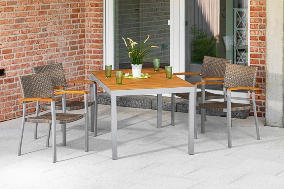 MERXX Tuin-eethoek Silano 4 stapelbare tuinstoelen, tuintafel (5-delig) tuinsets grijs