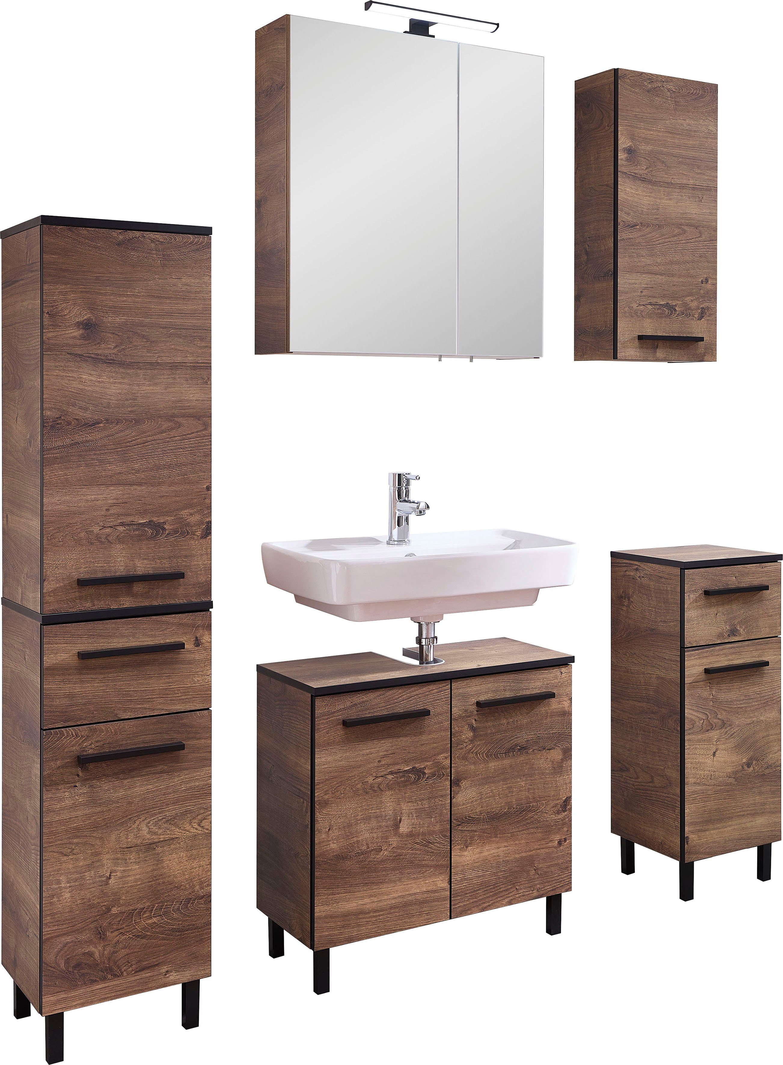 Saphir Badkamerserie Quickset 374 5-delig, wastafelonderkast met LED-spiegelkast Halfhoge kast, onderkast, hangkast, incl. deurdemper, 7 deuren