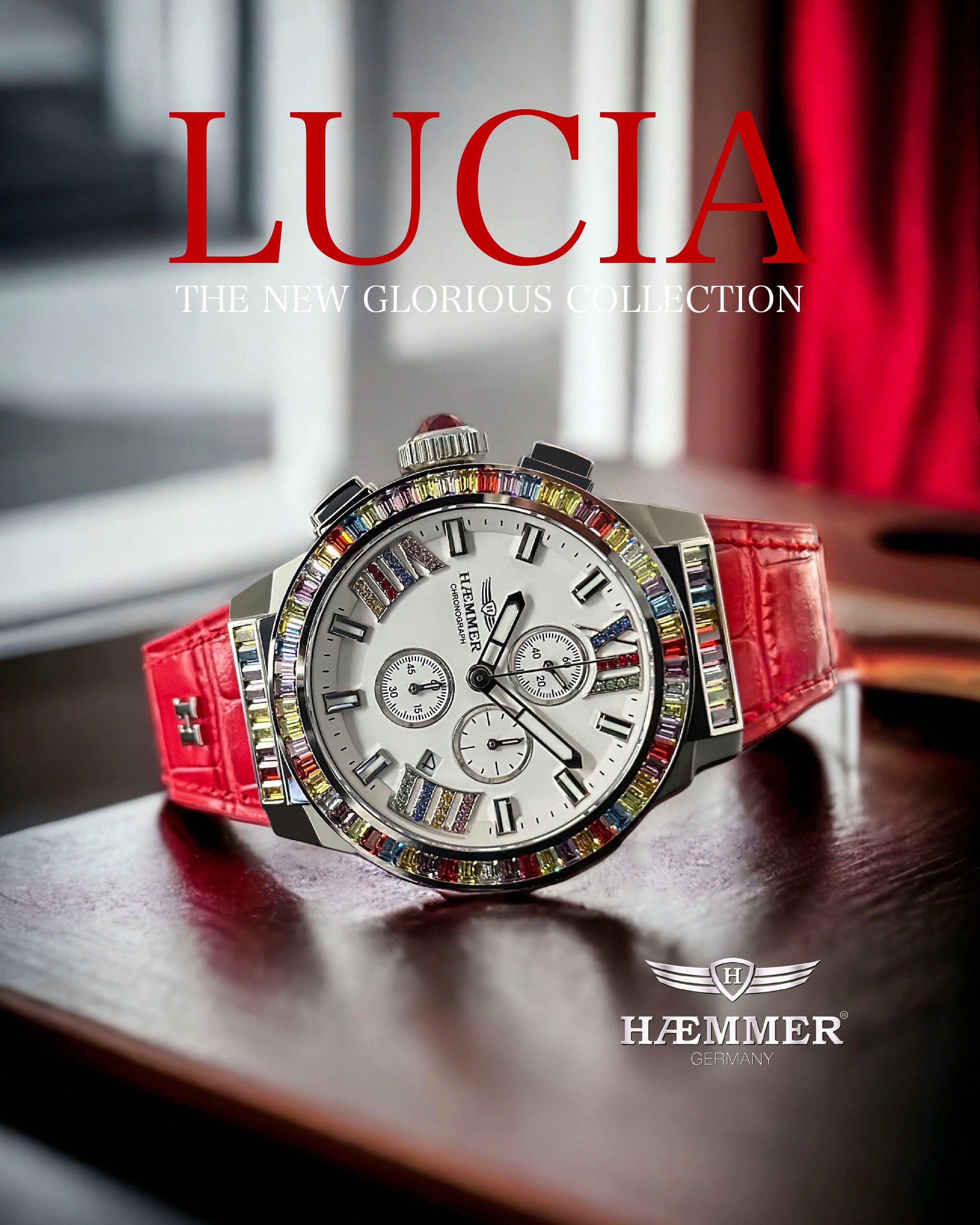 HAEMMER GERMANY Chronograaf LUCIA, GR-007 Quartzhorloge, dameshorloge, datum, stopwatchfunctie, saffierglas, leren band