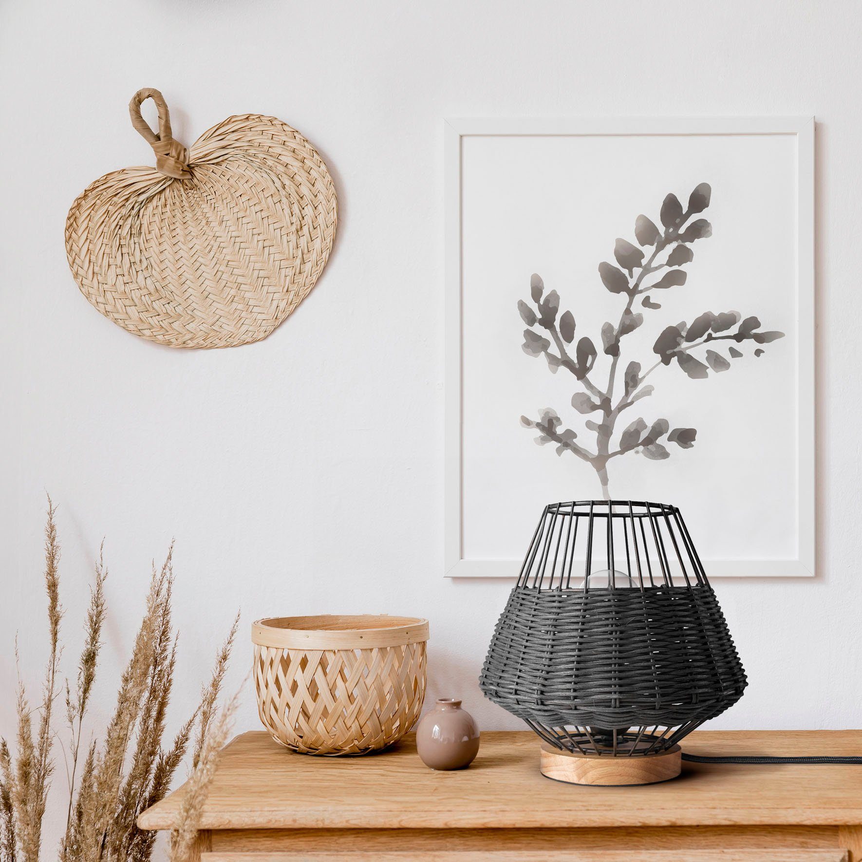 Paco Home Tafellamp Punto Rattan LED kooi lamp Boho stijl nacht rustiek hout E27