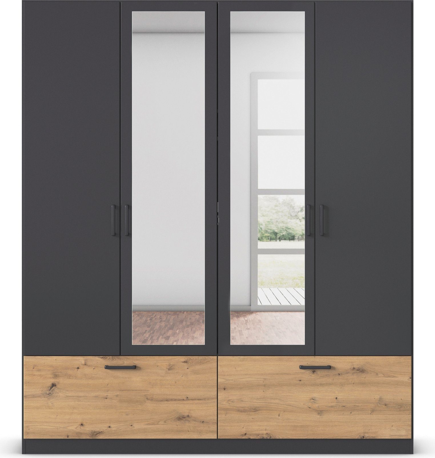 rauch Draaideurkast Kledingkast kast garderobe waskast BARI met spiegel met lades en moderne greep in grijs metallic made in germany