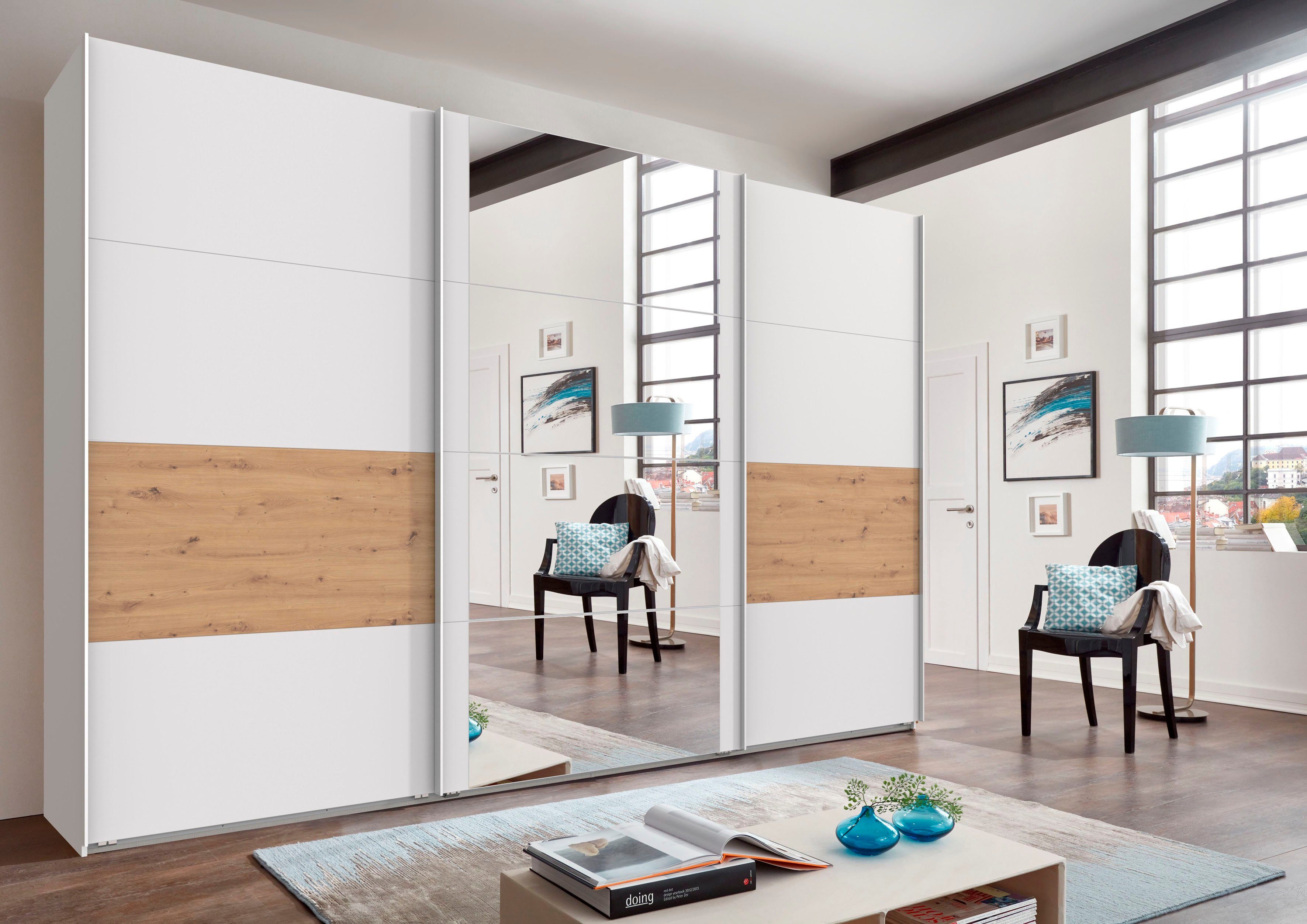 Wimex Zweefdeurkast Barmbek Slaapkamerkast BESTSELLER Garderobekast Kledingkast met 2 stoffen boxen en 2 extra planken, spiegeldeur