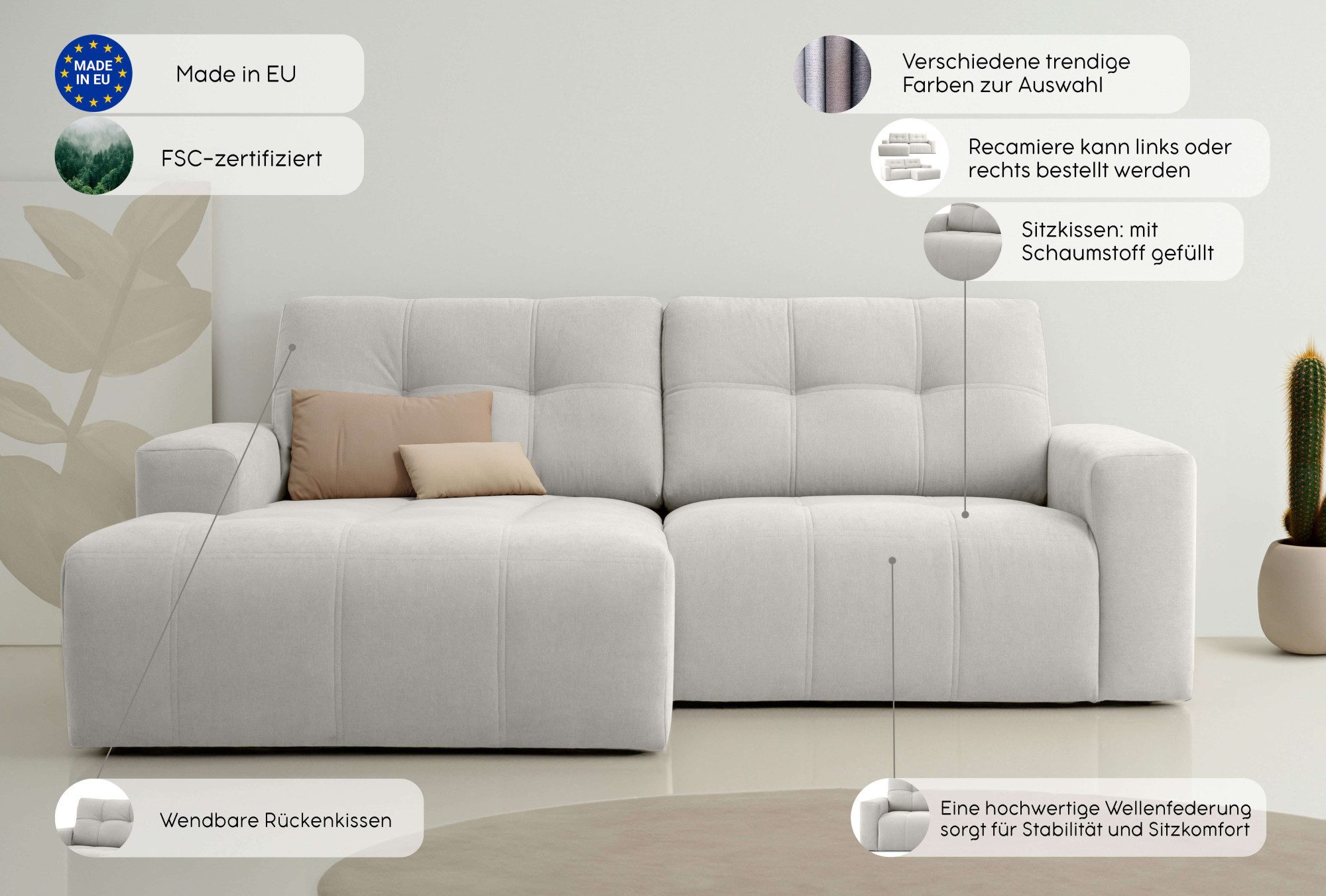 Home affaire Hoekbank Turnon, Lounge-sofa, Breite 221 cm Chenille, met knoop- en dubbele stiksels, elegante uitstraling
