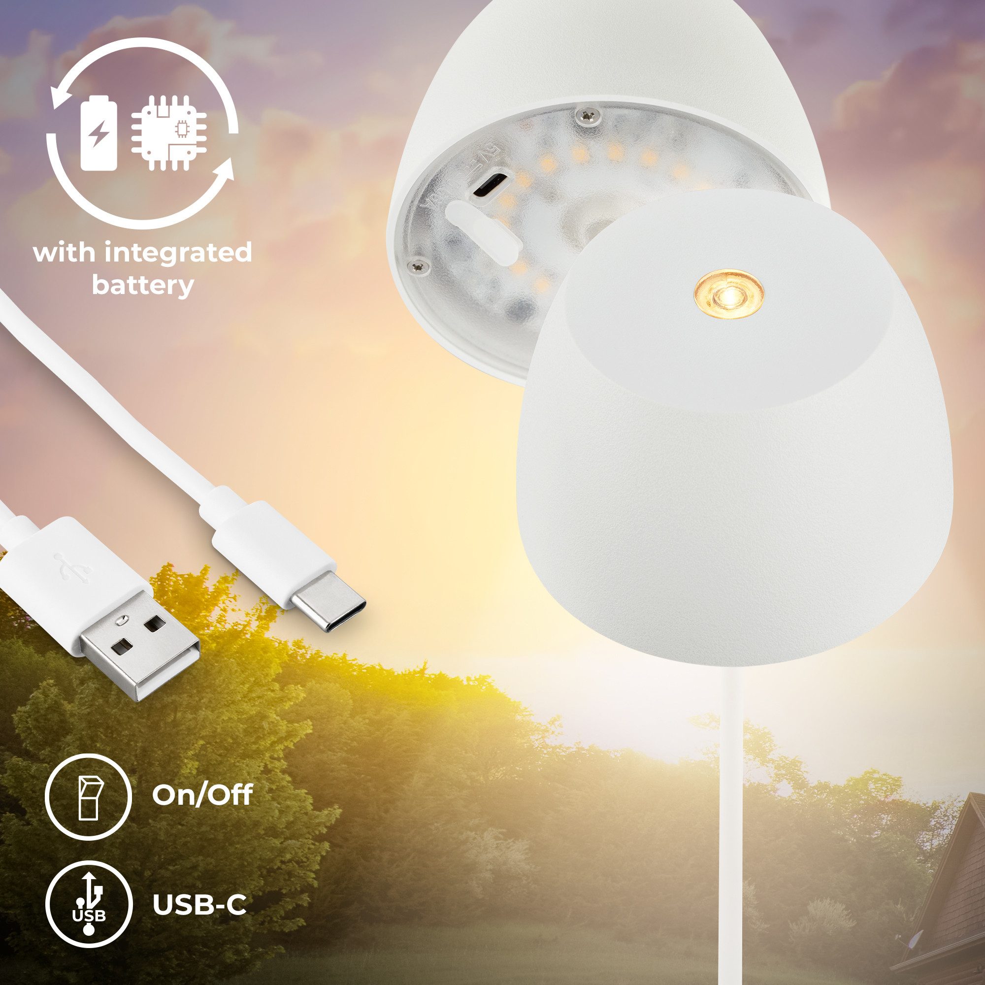 B.K.Licht Tafellamp voor buiten BK_TL1605 Mini Accu LED tafellamp, touchdimmer, met USB-C 2.700 k, 150 lm, 2,5w, ip44, verwisselbare accu, 4h-24h brandduur, wit (1 stuk)