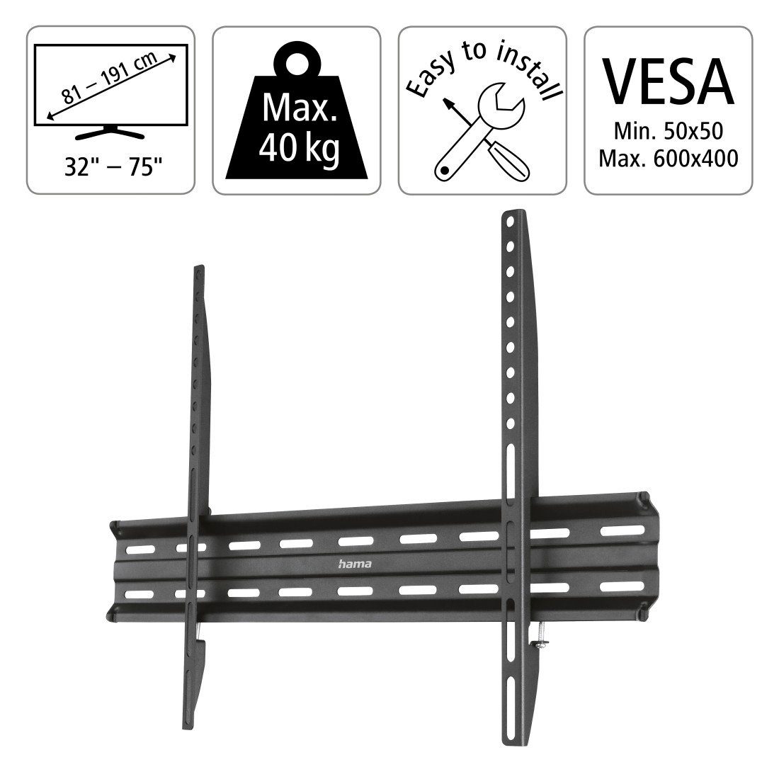 Hama Tv-wandhouder TV-beugel plat, stijf, 81 - 191 cm (32"-75"), 43", 50", 55", 65"