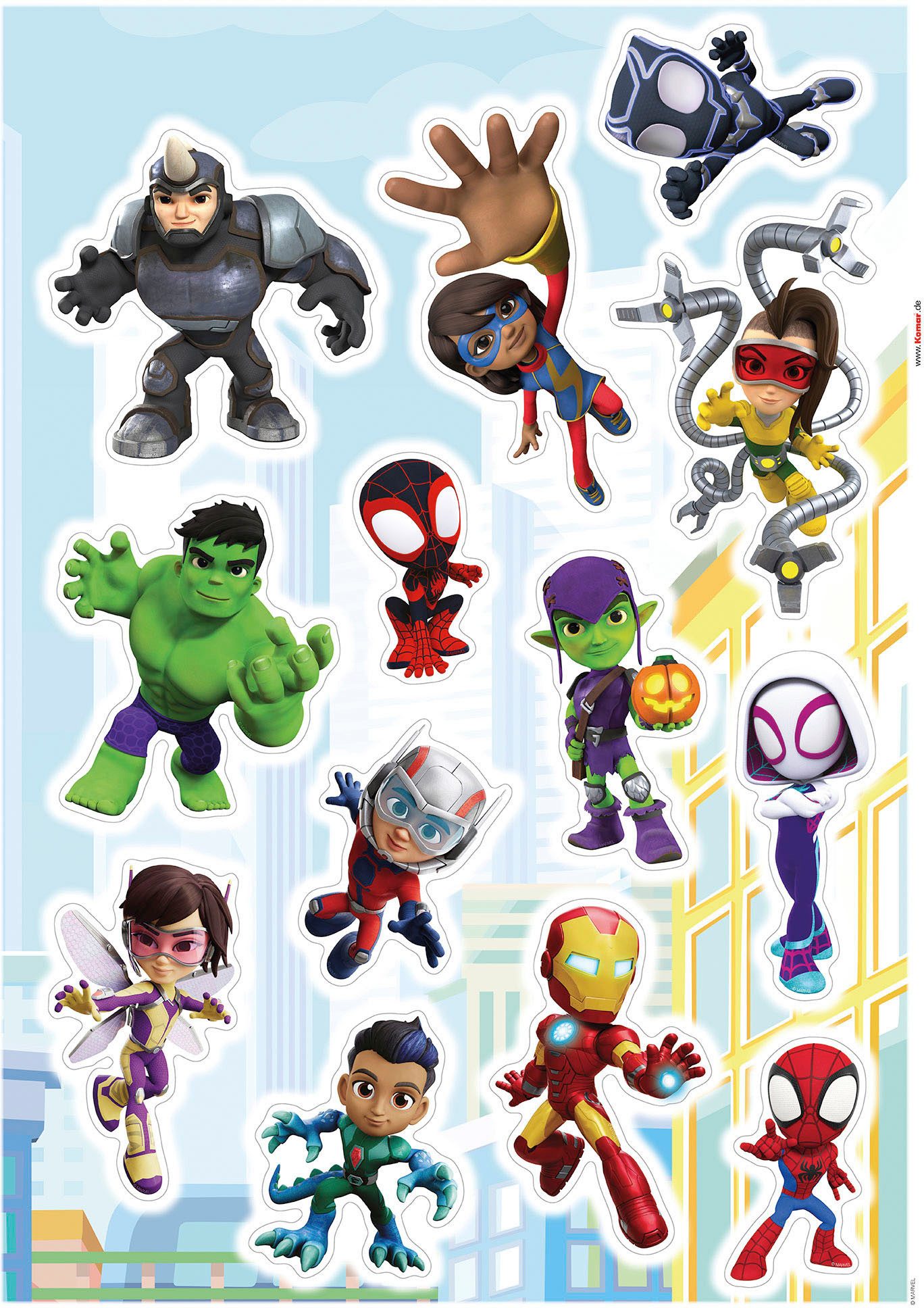 Komar Wandfolie Spidey and Friends - afm. 50 x 70 cm zelfklevend, wandstickers, kinderkamer (13-delig)