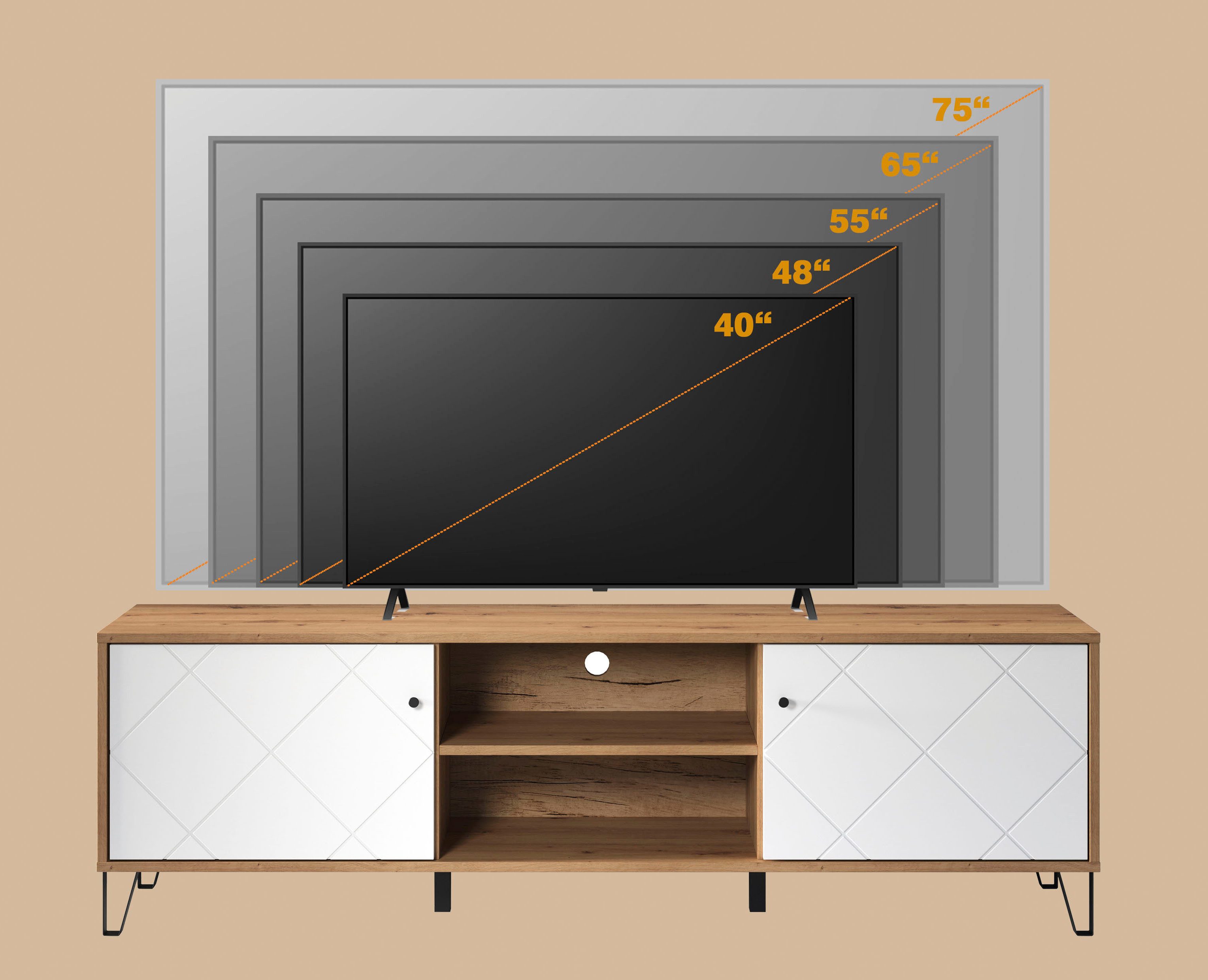 Places of Style Tv-meubel Tarragona TV-kast TV-lowboard met frezingen in ruitlook en kabeldoorvoer, Br.183 cm