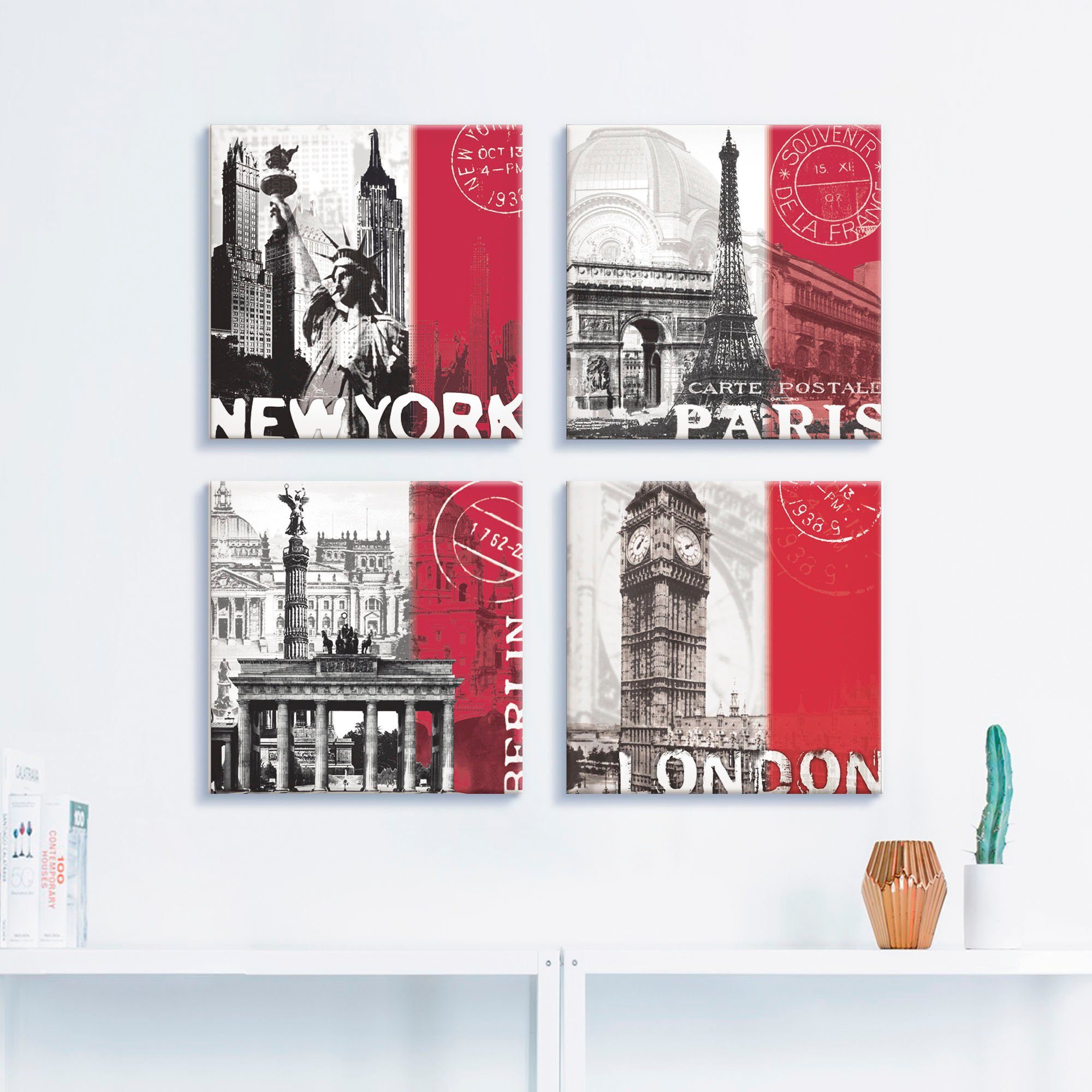 Artland Artprint op linnen New York Parijs Berlijn London_bordeauxrood (4-delig)