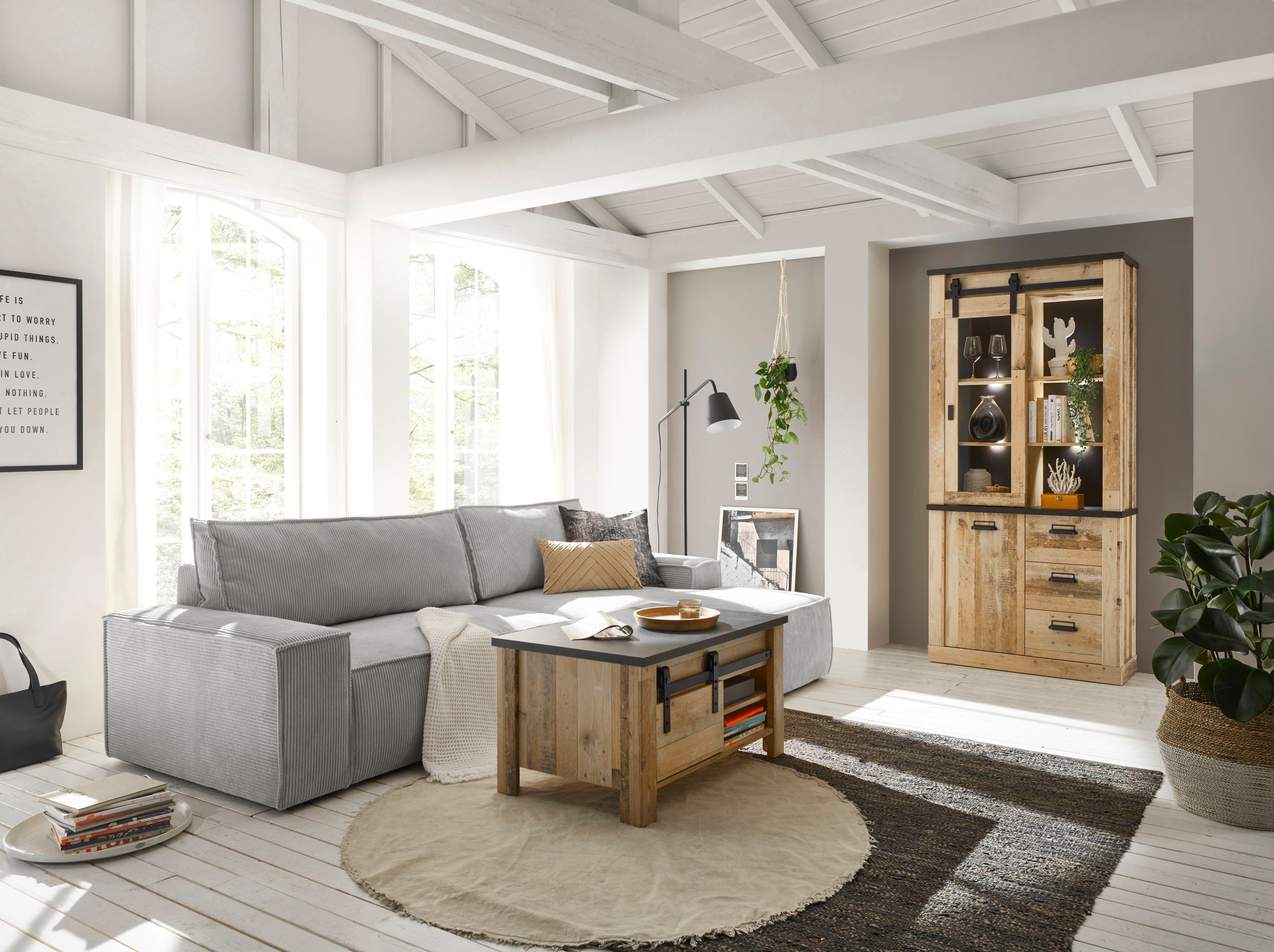 Home affaire Hoekbank SHERWOOD bedbank 267 cm, L-model, Slaapfunctie met bedlade (210x136 cm), cord, vintage, fluweel