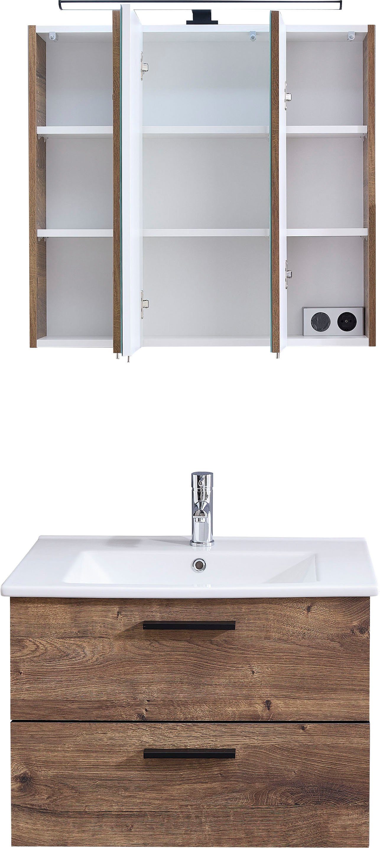 Saphir Badkamerserie Quickset keramische wastafel met LED-spiegelkast, 75 cm breed (2-delig)