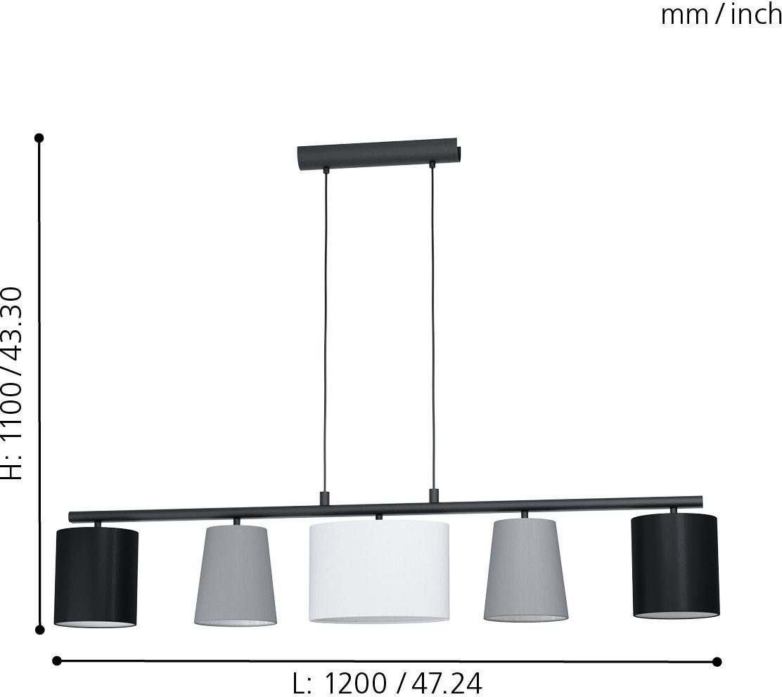 EGLO Hanglamp ALMEIDA 1 zwart / l120 x h110 x b25,5 cm / excl. 5 x e14 / stoffen lampenkappen