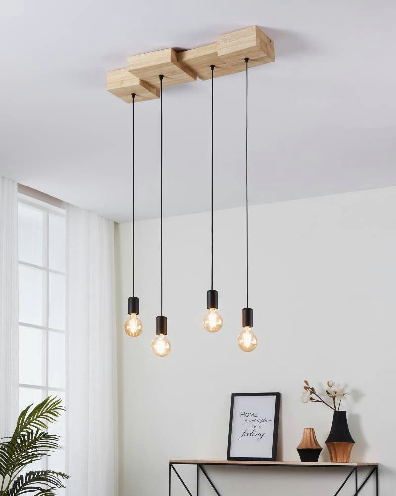 EGLO Hanglamp HALKIN Hanglamp, hout in natuur en metaal in zwart, FSC100HB, E27 (1 stuk)