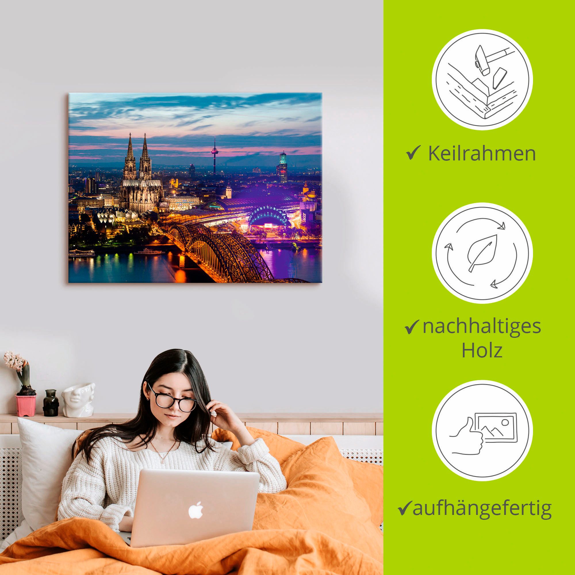 Artland Artprint Keulen panorama in de avond als artprint van aluminium, artprint voor buiten, artprint op linnen in verschillende maten
