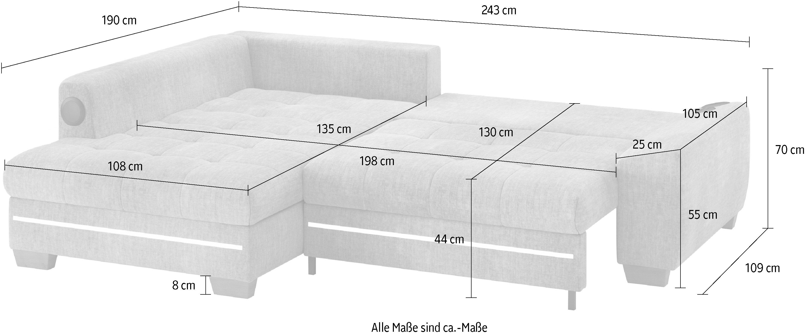 Mr. Couch Hoekbank Nikita II, L-vorm RGB-LED, Bluetooth-geluidssysteem, optioneel met bed, bedlade
