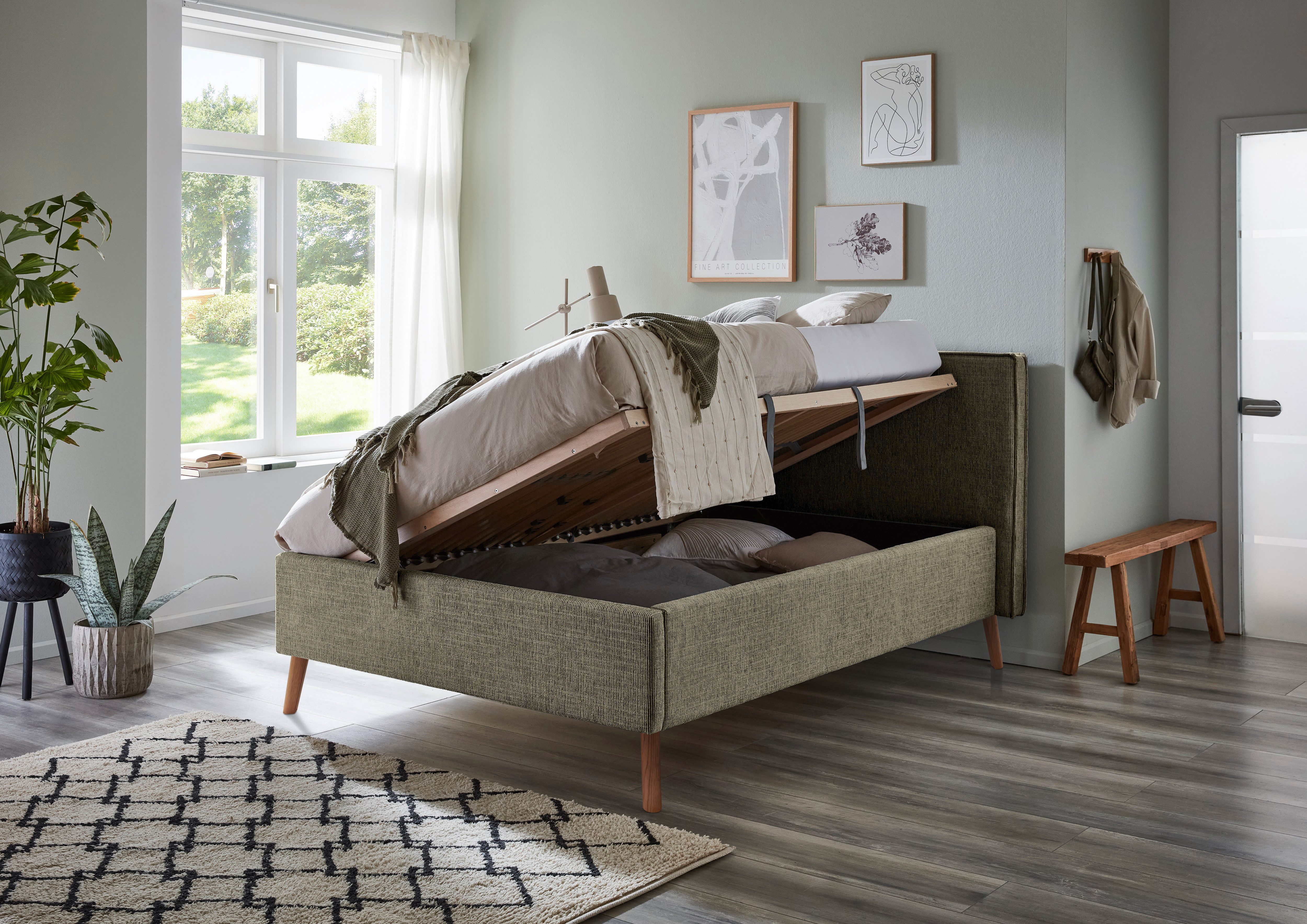 meise.möbel Gestoffeerd bed Riva met eikenkleurige houten poten, naar keuze met bedkist en lattenbodem