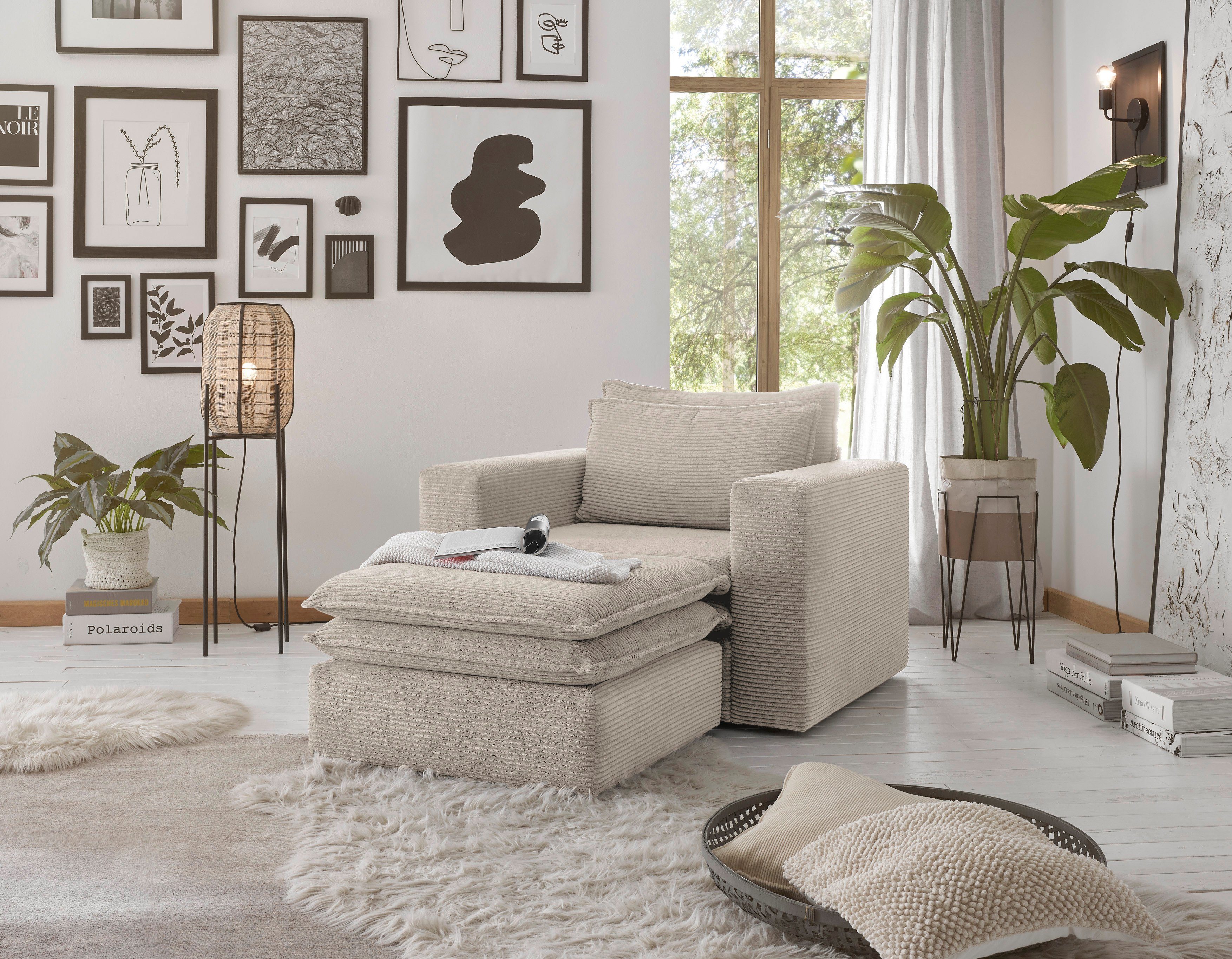 Places of Style Zithoek PIAGGE Hoogwaardige cord, fauteuil en hocker klein als set (2-delig)