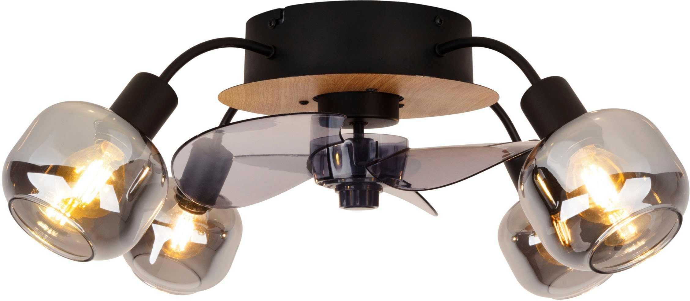 näve Plafondlamp Fumoso plafondventilator Plafondlamp, ventilator, afstandsbediening, 4-voudig, E14 excl., glazen kappen (1 stuk)