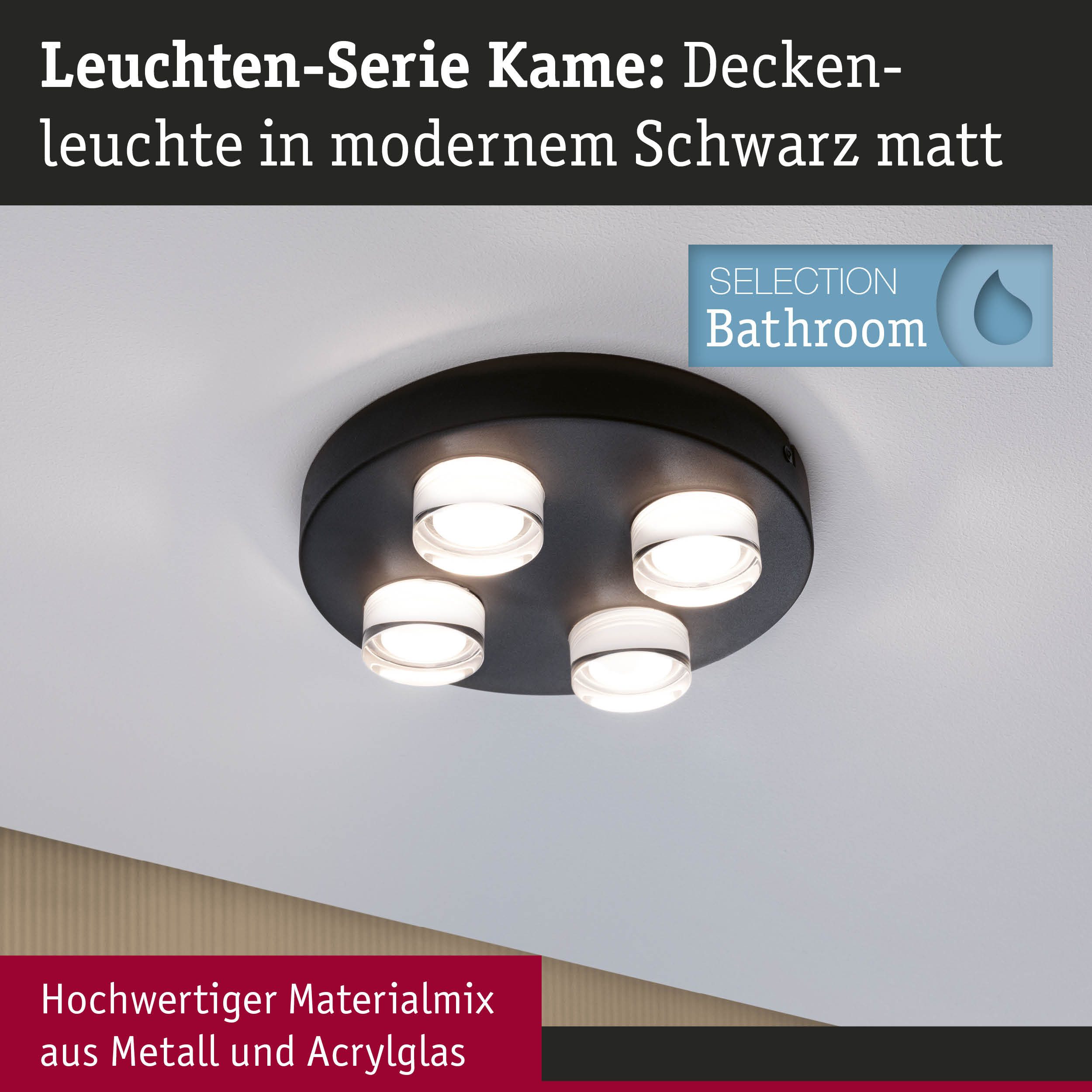 Paulmann Led-plafondlamp Selection badkamer wand-/plafondlamp Kame IP44 signal zwart 4 stuks (1 stuk)