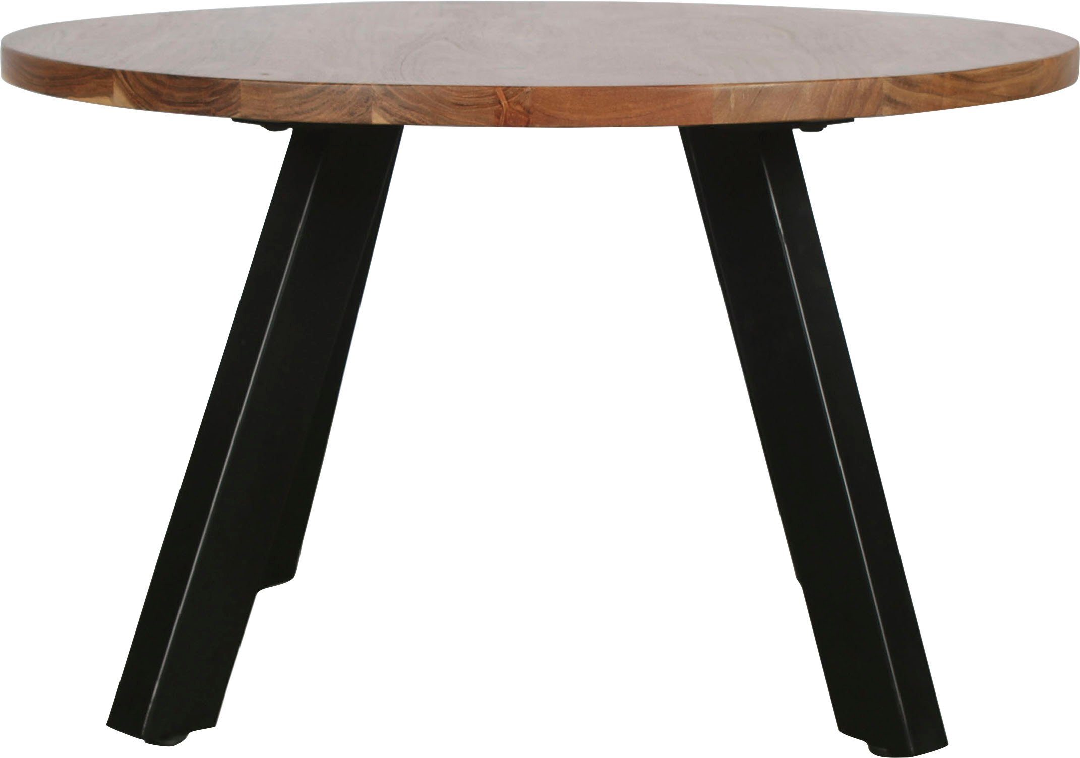 byLIVING Salontafel Ulm met massief acaciahout - plaat en zwarte metalen frame, rond 75 cm.