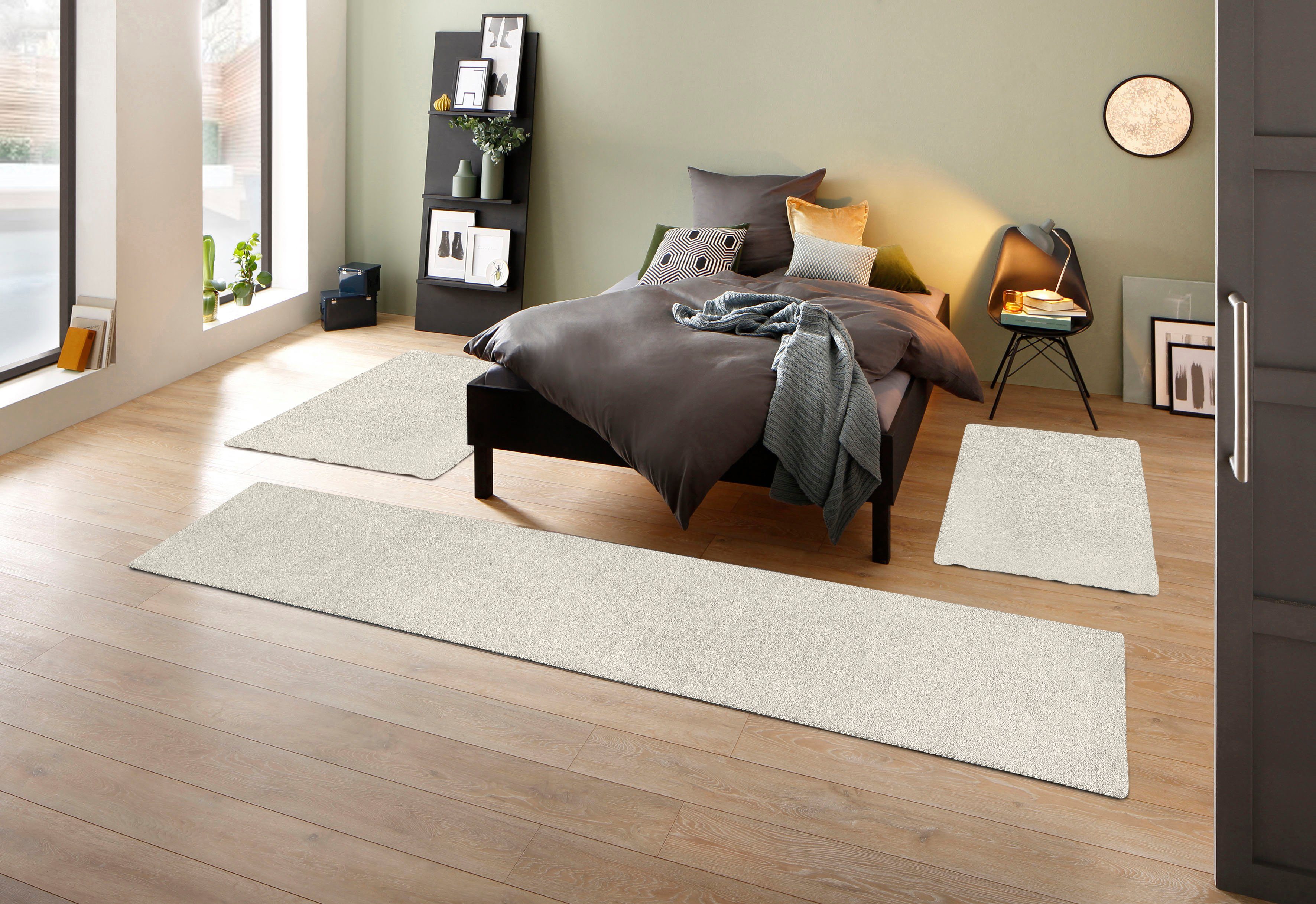 THEKO Set slaapkamerkleedjes Gabbeh uni, handgeweven tapijt, gemêleerd, 100% wol Slaapkamerkleed, unikleuren, met de hand geweven, loper-set, slaapkamer